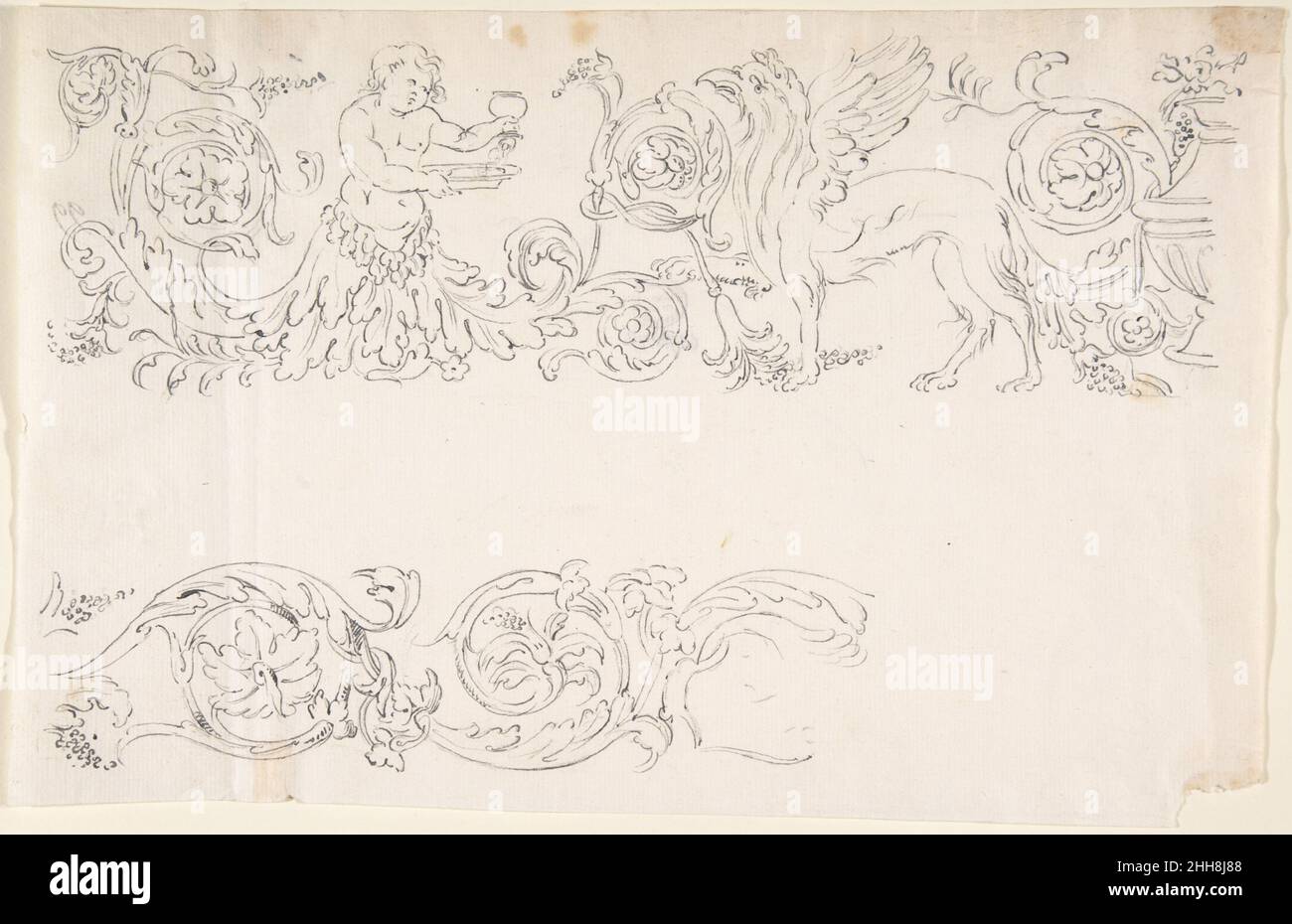 Dessins pour les bordures décoratives avec ornementation florale et un Putto et Griffin 1650–1750 Anonyme, Italien, 17th siècle Italien.Motifs pour bordures décoratives avec ornementation florale et un Putto et Griffin 363798 Banque D'Images