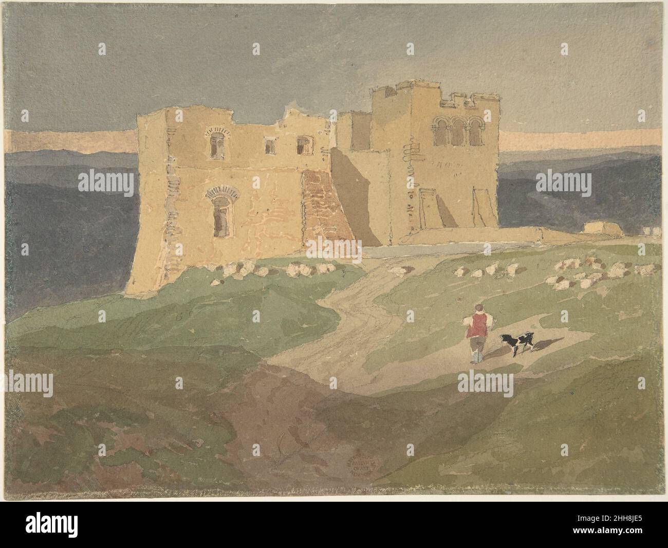 Château en ruines 1802–42 copie après John Sell Cotman les zones britanniques de manutention du brut, et le manque de finesse dans les formes et les ombres, suggèrent que ce dessin a été fait par un étudiant copiant un original de Cotman.Le maître est revenu dans sa ville natale de Norwich pour diriger une école entre 1823 et 1833, puis est retourné à Londres en 1834 pour devenir maître de dessin à la King's College School, conservant ce poste pour le reste de sa vie.Une partie de sa pratique d'enseignement était de prêter aux élèves des exemples de ses aquarelles à copier.Château en ruines.Copie après John Sell Cotman (britannique, Norwich 1782–1842 Londres).1802– Banque D'Images