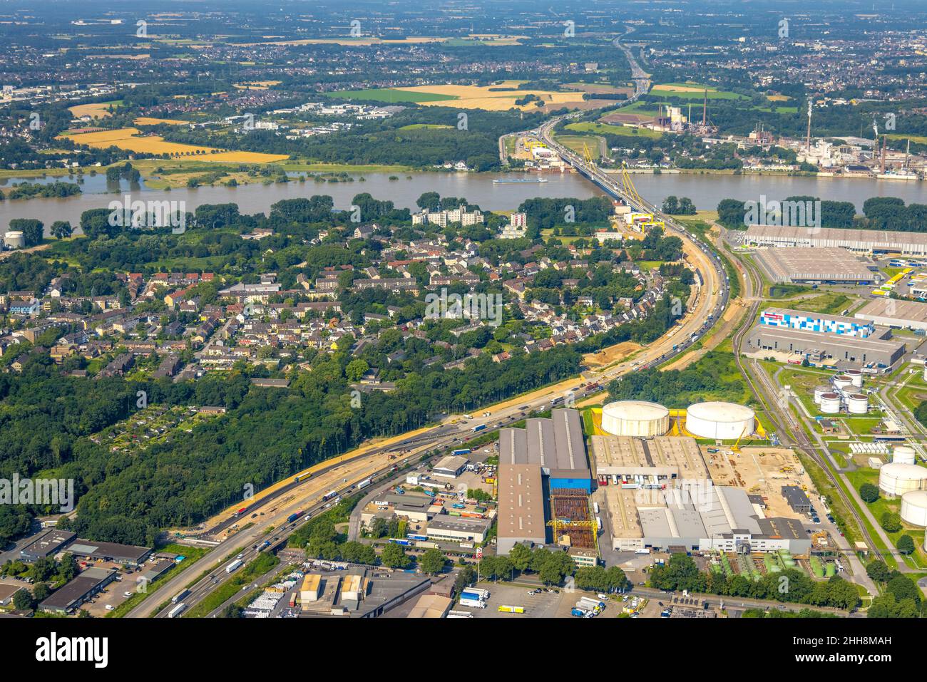 Vue aérienne, chantier de construction au pont du Rhin A40 Neuenkamp, Kaßlerfeld, Duisburg, région de la Ruhr, Rhénanie-du-Nord-Westphalie,Allemagne, autoroute A40, brid Banque D'Images