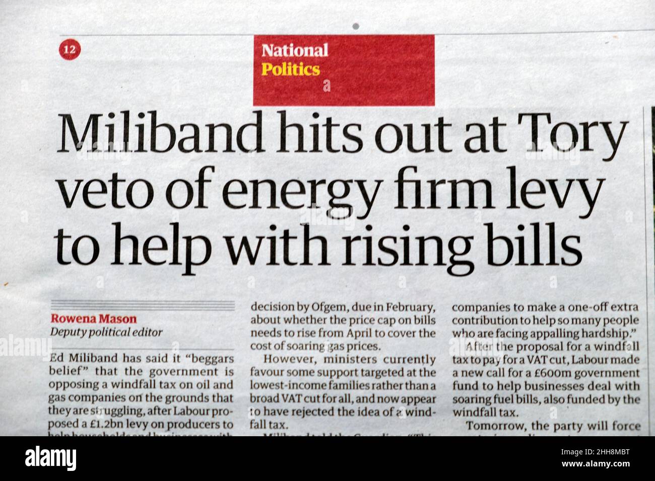 Ed 'le groupe de la société s'est opposé au veto conservateur de l'impôt sur les sociétés énergétiques pour aider à faire face à la hausse des factures' le journal The Guardian a publié une crise le 10 janvier 2022 à Londres, au Royaume-Uni Banque D'Images