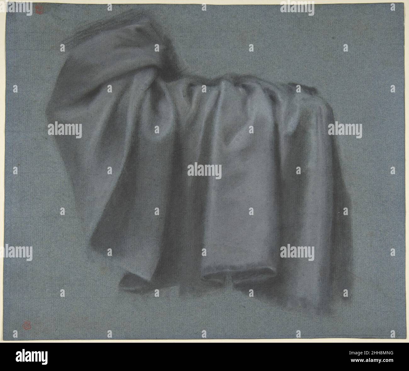 Étude de la drapery ca.1813 Pierre Paul Prud'hon Français cette étude détaillée sur la drapererie est l'un des nombreux dessins que Prud'hon a faits pour sa peinture d'Andromache et d'Astyanax (1813-17, le Metropolitan Museum of Art, New York).Le tableau, qui n’a pas été achevé dans sa vie, dépeint une scène de la pièce de racine, dans laquelle Andromache rejette Pyrrhus, dont le père, Achilles, avait tué son mari Hector.Cette feuille était une étude pour l'ourlet inférieur de la robe d'Andromache alors qu'elle tombe sur le côté d'une chaise, un détail qu'il a fait des changements à mesure qu'il travaillait sur la toile.La délicate trébuchement du noir et blanc Banque D'Images