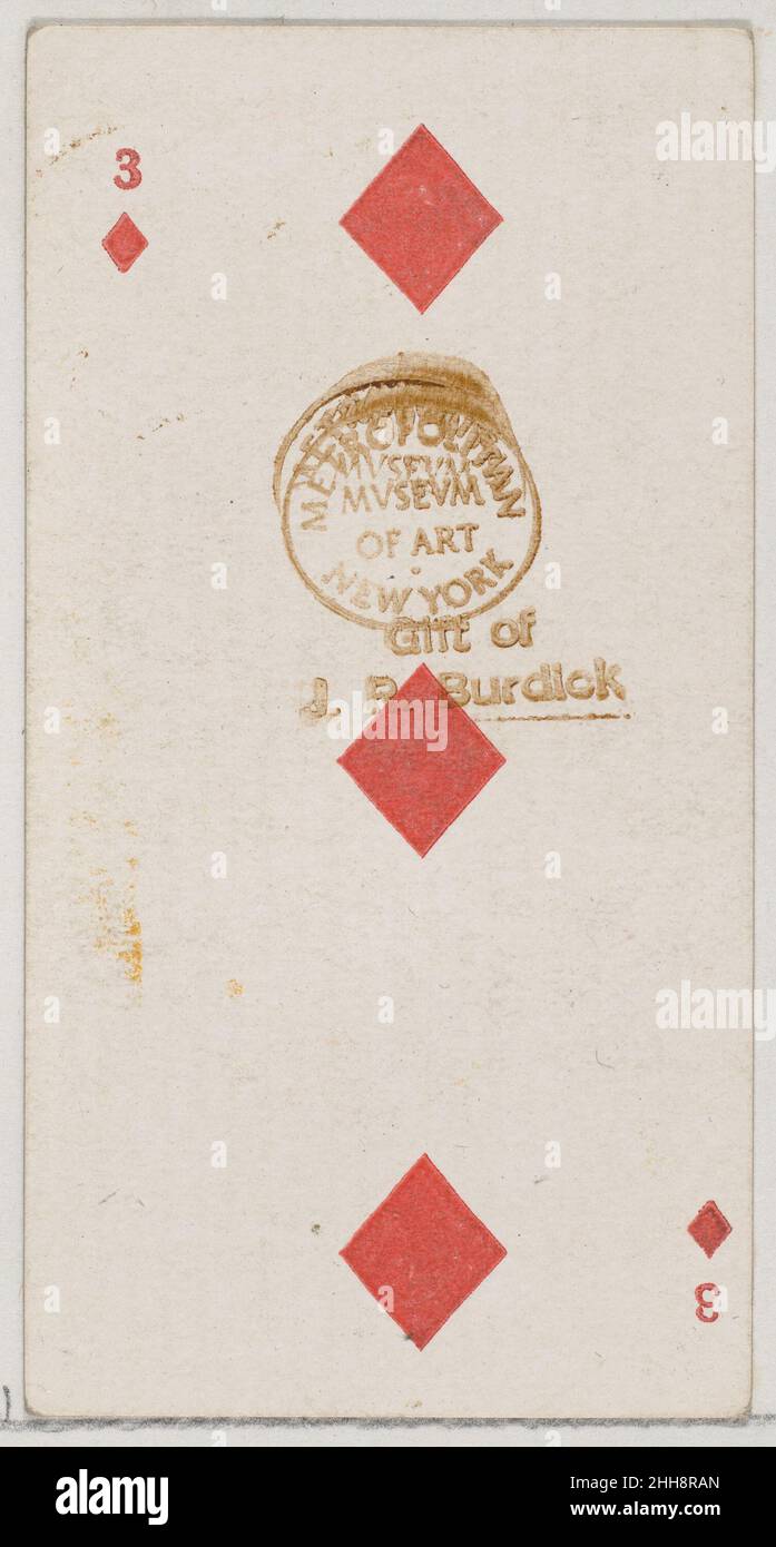 Three Diamonds (Red), de la série PlayCards (N84) for Duke brand cigarettes 1888 émise par W. Duke, Sons & Co. American Trade Cards de la série « PlayCards » (N84), émise dans un jeu de 53 cartes en 1888 pour promouvoir les cigarettes de marque W. Duke Sons & Co.Les versos affichent un motif fleuri abstrait assorti.Le Joker et l'As des pique présentent une annonce pour les cigarettes de marque Duke.Outre les cigarettes de Duke, le même jeu de cartes à jouer a également été libéré pour promouvoir les cigarettes turques Cross Cut.Trois diamants (rouge), de la série de cartes à jouer (N84) pour les cigarettes de marque Duke.1888. C Banque D'Images