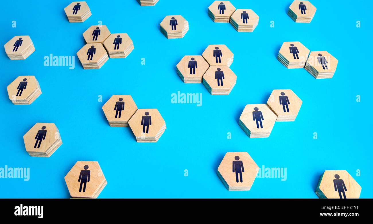 Personnes sur des hexagones.Statistiques sociales.Relation entre les personnes.Démographie, ressources humaines.Recherche de candidats, embauche de nouveaux employés pour Banque D'Images