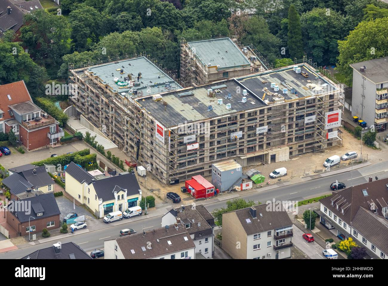 Vue aérienne, chantier et nouveau bâtiment d'une maison de retraite, Düsseldorfer Landstraße 163-169, Buchholz, Duisburg, Ruhr,Rhin-Nord-Ouest Banque D'Images