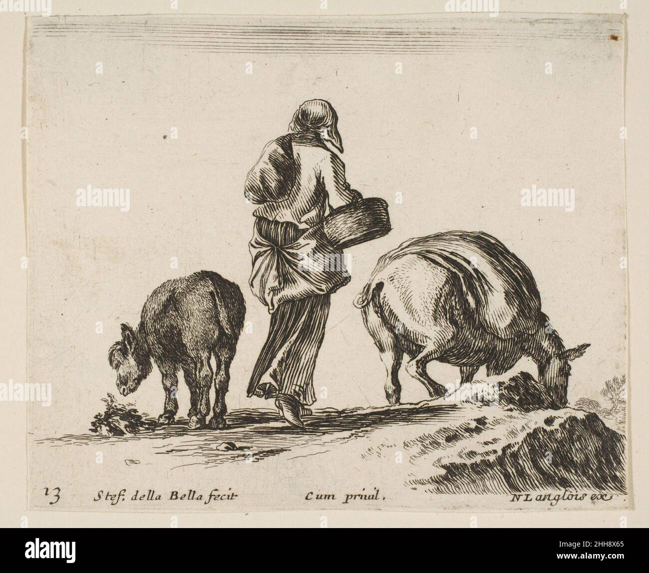Assiette 13: Une paysanne, vue de l'arrière, tenant un panier au centre, un âne à gauche et un cheval avec un sac de dos à droite, de 'DIDIVIDIQUE capricci' ca.1644–47 Stefano della Bella Italien.Assiette 13: Une paysanne, vue de l'arrière, tenant un panier au centre, un âne à gauche et un cheval avec un sac à dos à droite, de 'dividividiccapricci' 376512 Banque D'Images