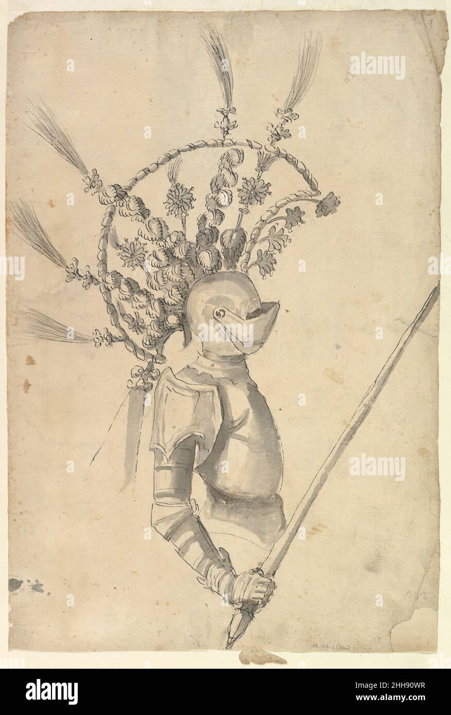 Créez une armure avec Tournament Headdress ca.1620–56 peut-être par Baccio del Bianco Italian View dans les trois quarts d'un dessin pour une armure (face à droite).L'armure elle-même est relativement simple, mais le casque a été décoré avec une adresse élaborée, en forme de lézard avec une queue très somptueuse composée de plumes et de panaches.Créez une armure avec Tournament Headdress 410276 Banque D'Images