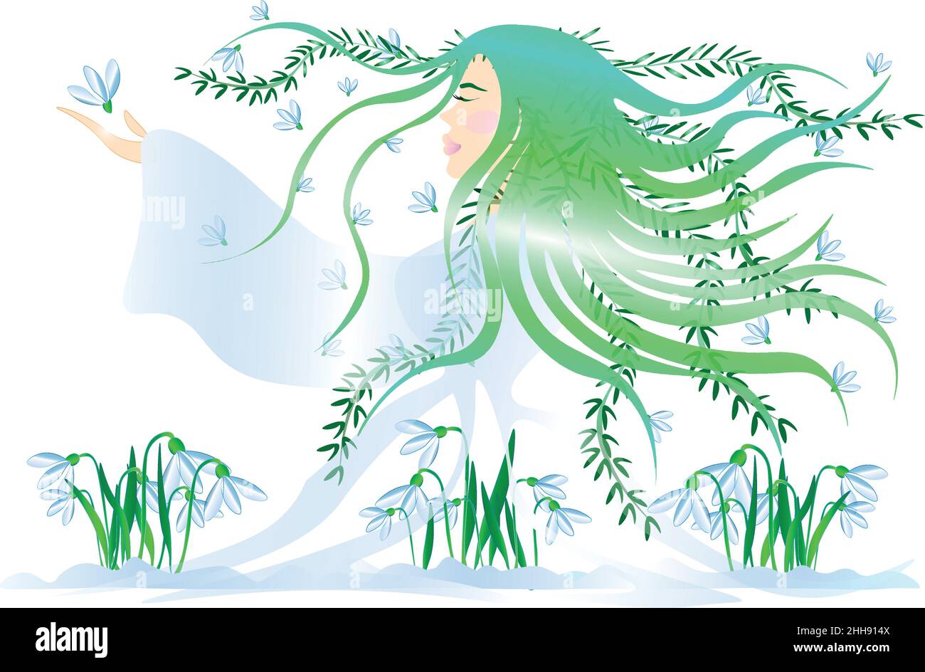 Illustration vectorielle de la Déesse du printemps.Les chutes de neige ont fleuri, le printemps est arrivé.La jeune fille du printemps éveille la nature Illustration de Vecteur