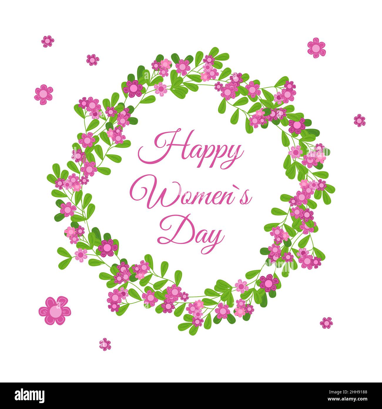 Carte de vœux pour une bonne fête des femmes.Cadre rond fleuri isolé.Jolie vignette de fleurs roses.Illustration vectorielle dessinée à la main. Illustration de Vecteur