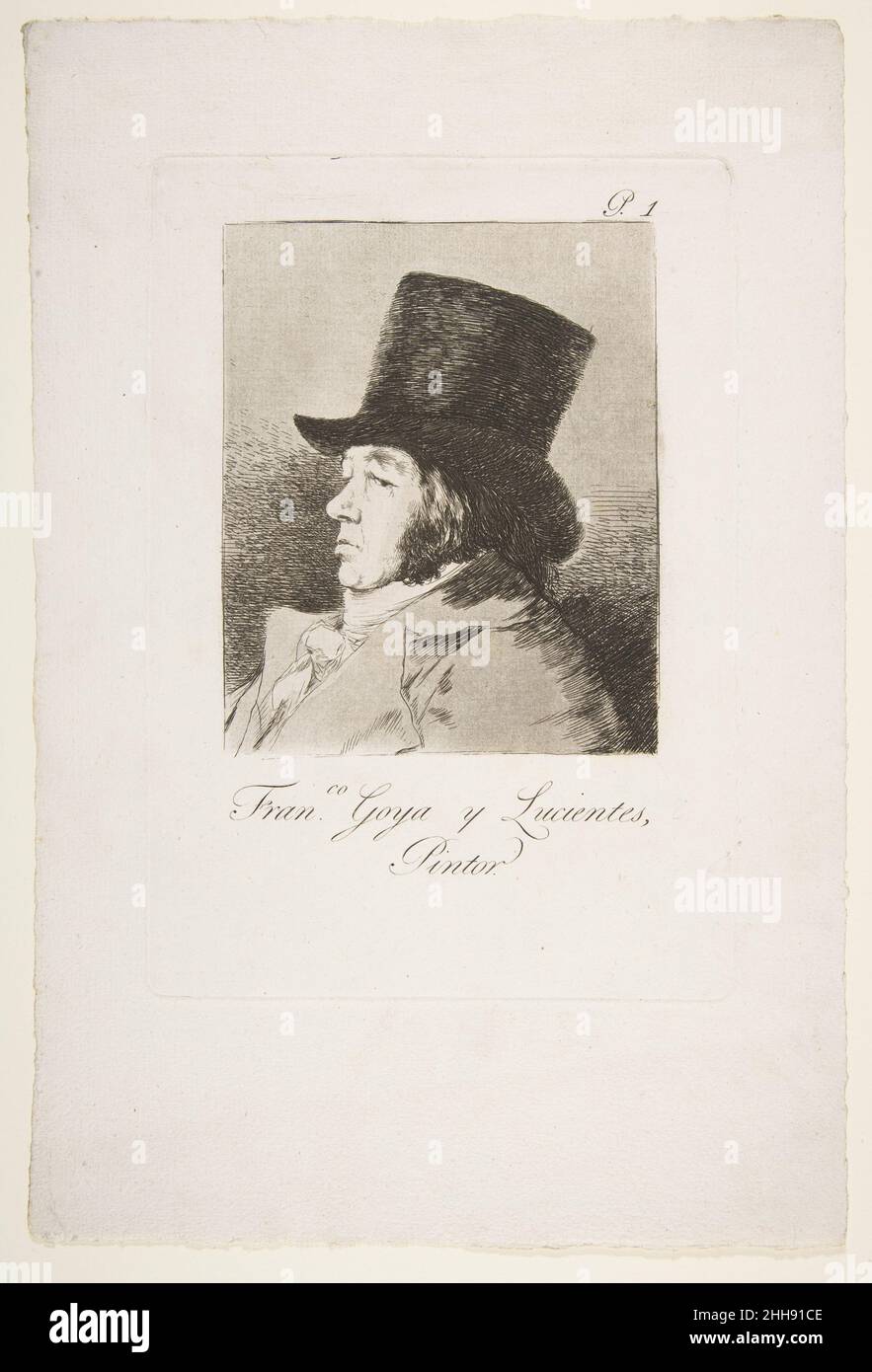 Autoportrait; planche 1 de 'Los Caprichos' 1799 Goya (Francisco de Goya y Lucientes) Espagnol dans la première plaque des Caprichos, Goya se présente comme un observateur sardonique de la société contemporaine; même les commentaires du XIXe siècle décrivent son expression censorieuse, quelque peu inventée comme satirique.On dit que l'image incarne l'observation comme un « modèle d'effort artistique », contrairement à l'imagination, le sujet d'un deuxième autoportrait dans les Caprichos, suspendu à proximité.Après avoir transféré le dessin de craie rouge préparatoire à la plaque de copperplate (1972.118.295), Goya a fait divers corre Banque D'Images