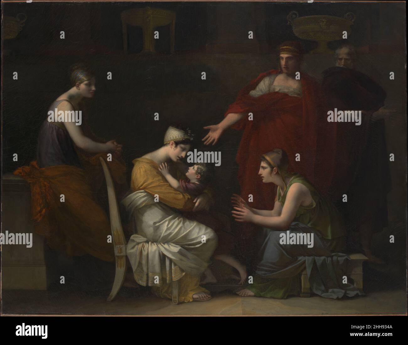 Andromache et Astyanax ?1813–17; 1823–24?Pierre Paul Prud'hon Français Prud'hon, représentant principal du néoclassicisme, qui a typiquement peint dans cette technique fumée et sfumato, travaillait sur cette toile en 1814 et prévoyait la vendre à l'ancienne impératrice de France, Marie Louise.Encore incomplète quand Prud’hon est mort, elle a été finie par son élève peu connu, Charles Pompée le Boulanger de Boisfrémont.Le sujet de la dévotion familiale est tiré de la tragedienne française racine: Andromache embrasse son fils, Astyanax, dans lequel elle voit les traits de son mari, Hector, qui avait été tué par Achill Banque D'Images