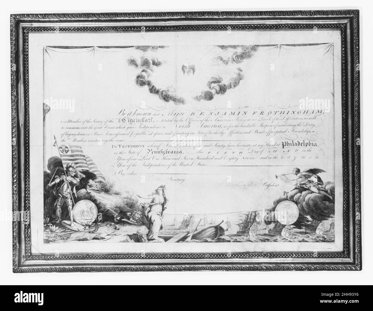 Certificat d'adhésion de la Société des Cincinnati 1783 conçu par août L. Belle.Certificat d'adhésion de la Société des Cincinnati.Américain.1783. Vélin.Fabriqué à Philadelphie, Pennsylvanie, États-Unis Banque D'Images