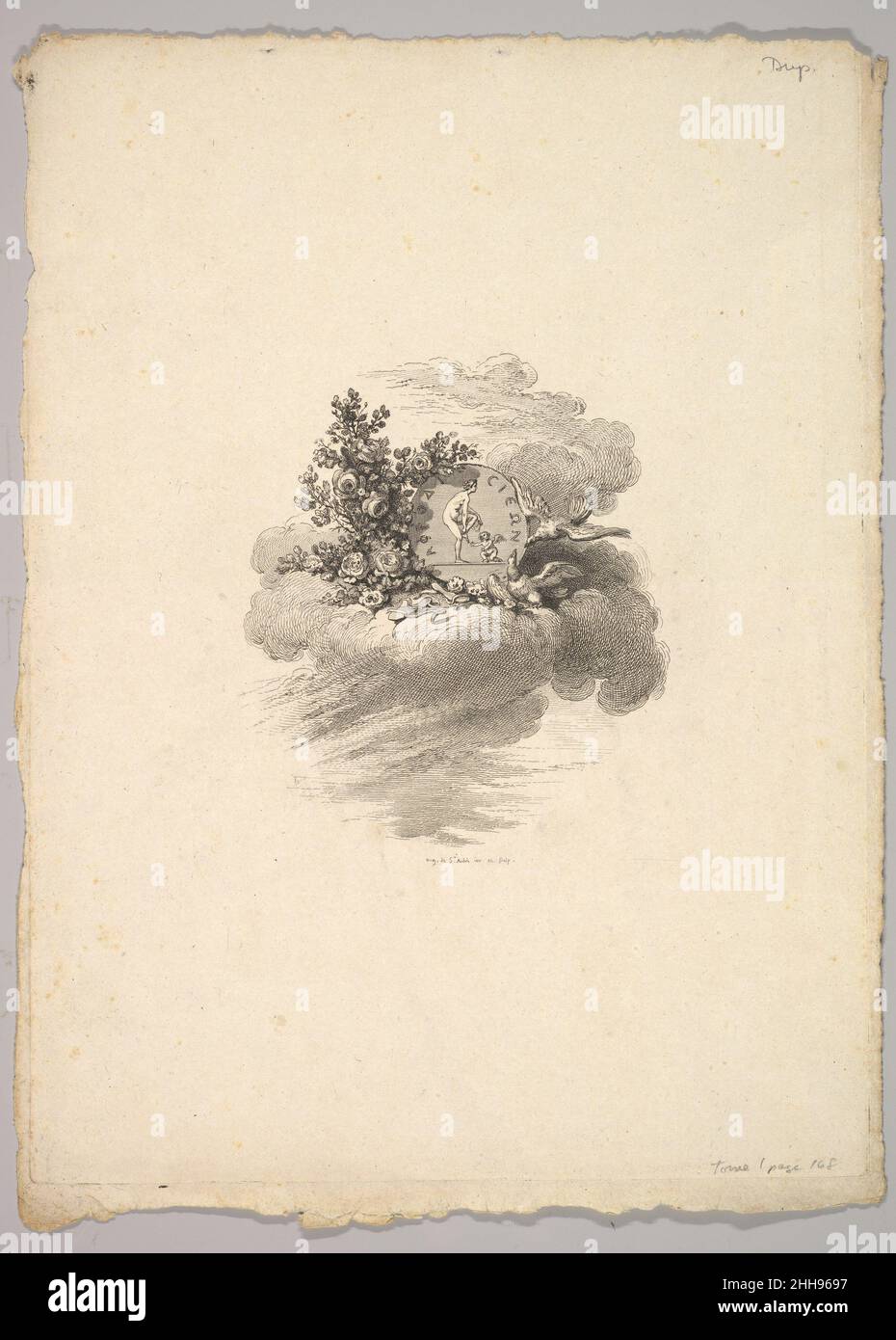 Vignette avec pièce sur un nuage avec roses à gauche et colombes en bas et à droite, tome I, page 148, de Description des principales pierres gravées du Cabinet de S.A.S.Monseigneur le Duc d'Orléans Premier Prince du sang.A Paris chez M. l'abbé de la Chau au Palais-Royal M. l'abbé le Blond au collage Mazarin et chez Pissot, libreire, quai des Augustins 1778–80 Augustin de Saint-Aubin Français cette vignette a été incluse dans la Description des principes pierres gravées du Cabinet de S.A.S.Monseigneur le Duc d'Orléans Premier Prince du sang.A Paris chez M. l'abbé de la Chau au Palais-Royal M. Banque D'Images