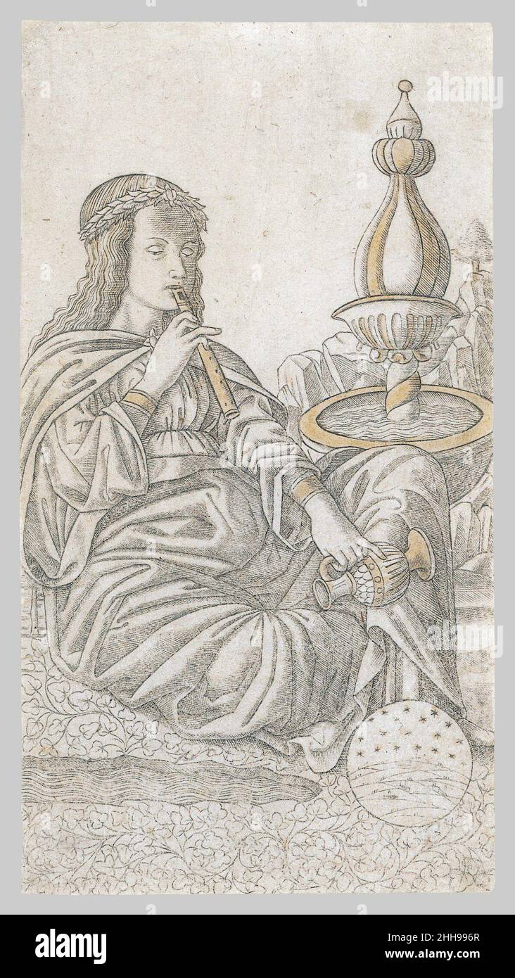 Poésie (Poesia XXVII) ca.1465–67 Maître de la série E Tarocchi les cinquante gravures de ce que l'on appelle Tarocchi di Mantegna n'ont pas été conçues par l'artiste Mantuan Andrea Mantegna et ne forment pas un vrai deck de tarot, car ils manquent de costumes, de cartes numériques et de cartes de visage.Éventuellement destinée comme un jeu ou un livret didactique, la série d'images illustre la hiérarchie de l'univers, du mendiant bas aux sphères célestes.après les dix empreintes représentant les États de l'homme et ceux des neuf Muses avec leur chef, Apollon, médiateurs entre l'humanité et la connaissance—venez les dix qui représentent p Banque D'Images