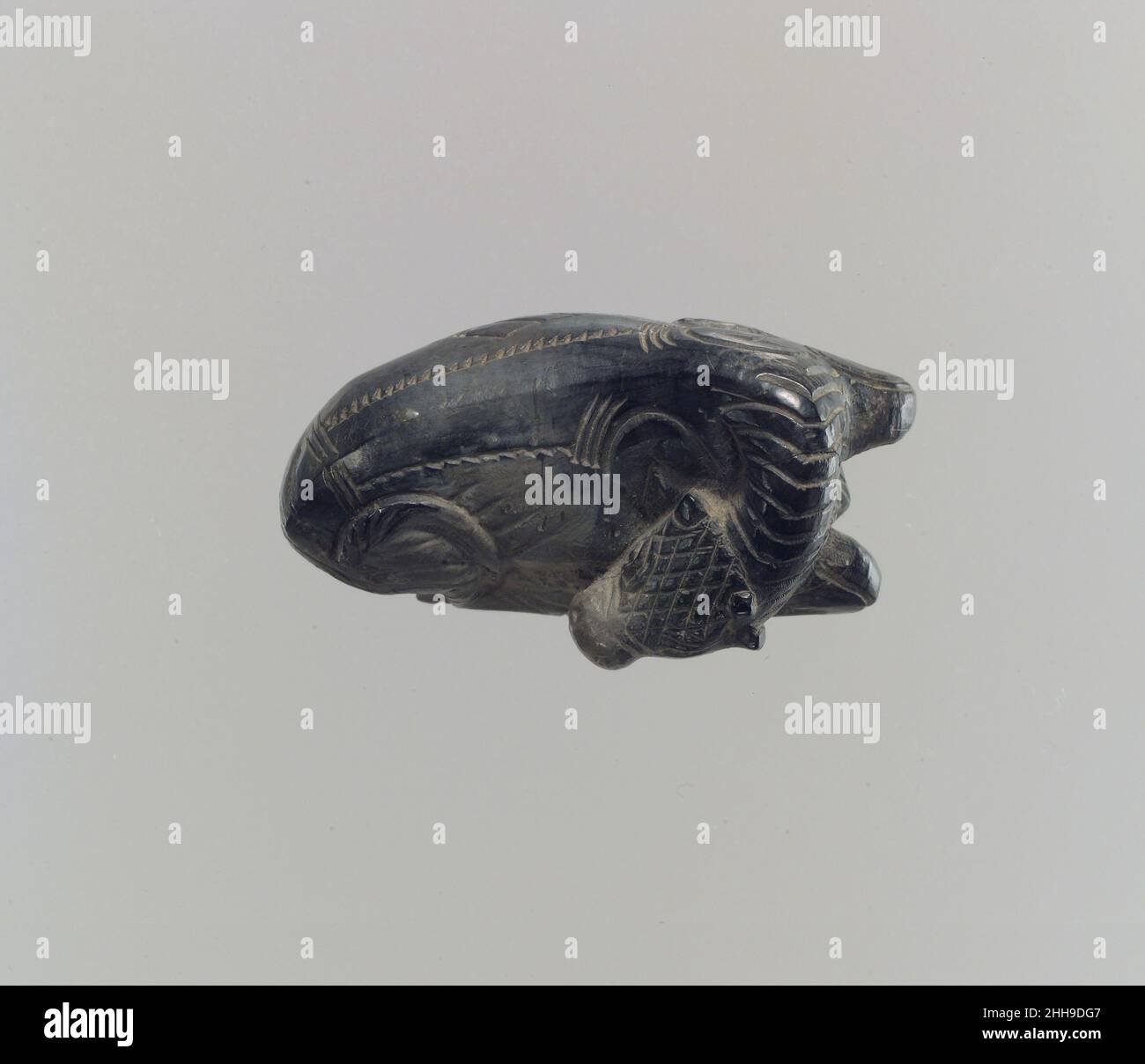 Inclinaison du mollet : fixation du couvercle env.9th–8th siècle av. J.-C. Assyrian cette petite figurine d'ivoire représentant un veau au repos a probablement été noircie par l'exposition au feu lorsque les complexes du palais à Nimrud ont été mis à pied pendant la défaite finale de l'Assyrie à la fin du septième siècle avant-C. le fond de la figurine est aplati et a été aplatiun trou rectangulaire, dans lequel une cheville pourrait être insérée comme moyen de fixer le mollet à un autre objet.Il était probablement fixé au couvercle d'une pyxis, une petite boîte ronde utilisée pour les biens précieux, y compris les produits de luxe tels que les épices, l'encens, les cosmétiques, le perfum Banque D'Images