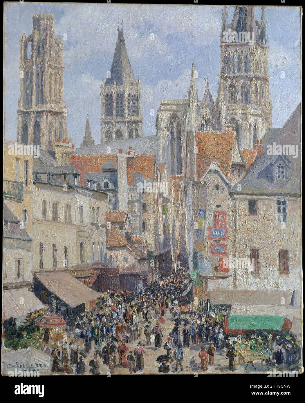 Rue de l'Epicerie, Rouen (effet de la lumière du soleil) 1898 Camille Pissarro Français au moment de la quatrième visite de Pissarro à Rouen en 1898, il était « déjà familier avec les motifs là-bas ».L'artiste dépeint plusieurs des mêmes Cityscapes qu'il avait déjà affrontés, mais a également fait découvrir de nouvelles scènes, comme celle-ci.Le 19 août, il écrivit à son fils Lucien: "Hier, j'ai trouvé un excellent endroit où je peux peindre la rue de l'Epicerie et même le marché, un endroit vraiment intéressant, qui a lieu tous les vendredis."Pissarro a peint la vue trois fois, mais la photo du Metropolitan est la seule Banque D'Images