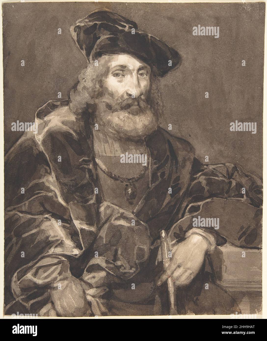 Demi-portrait d'un homme barbu en robe historique 1818–28 Richard Parkes Bonington British Bonington rencontre Delacroix en 1825 qui l'encourage à créer des sujets de genre historique.Les peintures anciennes étaient une source importante d'inspiration et Bonginton utilise ici le lavage brun pour copier le « Portrait d'un vieil homme avec un bâton et un béret » de Rembrandt (Gemaldegalerie Alte Meister, Dresde, maintenant attribuée à un disciple).Depuis qu'il inverse l'original, Bonington doit avoir travaillé à partir d'un imprimé, en utilisant le lavage brun de façon magistrale pour capturer une gamme de textures.En 1827, il introduit des éléments dans h Banque D'Images