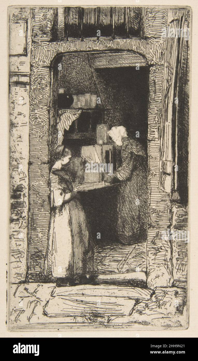 La Marchande de moutarde 1858 James McNeill Whistler American après avoir visité Cologne au cours d'une visite été-automne en 1858, Whistler a créé cette image d'un vieux vendeur de moutarde qui arrange des pots dans un intérieur sombre, alors qu'un jeune assistant penche contre le montant de porte.Il établit ici une formule à laquelle il revient souvent, en utilisant une entrée ouverte pour encadrer un intérieur de recul contenant des figures et des objets qui font référence à une activité et à un lieu particuliers.Une des gravures les plus complexes de 'Douze eaux-fortes d'après nature' (douze gravures de la nature), Whistler a basé la composition sur le drawin Banque D'Images
