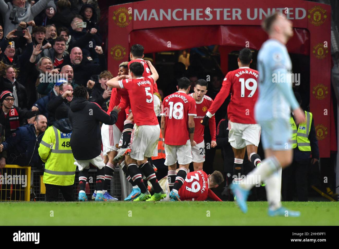 Manchester, Royaume-Uni.22nd janvier 2022.Marcus Rashford, de Manchester United, célèbre le premier but de sa partie lors du match de la Premier League à Old Trafford, Manchester, Royaume-Uni.Date de la photo: Samedi 22 janvier 2022.Crédit photo devrait se lire: Anthony Devlin crédit: Anthony Devlin/Alamy Live News Banque D'Images