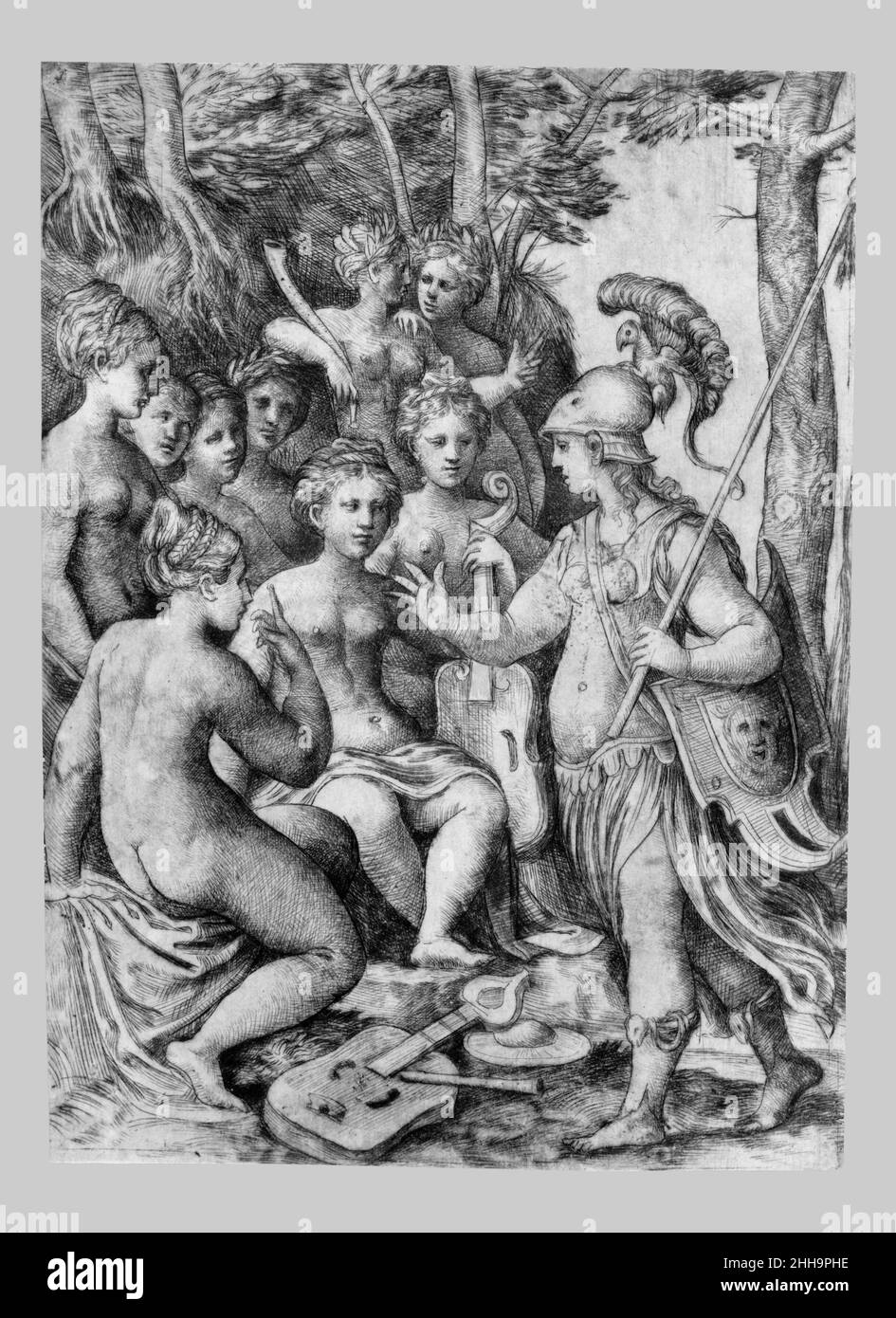 Minerva et les Muses n.d.Autrefois attribué à Andrea Schiavone (Andrea Meldola) Italien les Muses, filles de Zeus et de Mnemosyne (mémoire), sont mentionnés par les poètes grecs Hesiod et Homer comme sources d'inspiration pour les poètes et les musiciens.Ovid (Metamorphoses 5,250–678) nous dit que lorsque Minerva (l'Athéna grec) a visité les sœurs pour voir la fontaine miraculeuse créée par Pegasus, ils lui ont raconté leur victoire sur les neuf filles du roi macédonien Pirus dans un concours de chant.Certains des muses dans cette gravure pointent vers le haut, peut-être vers les Pierides défaits, qui étaient t Banque D'Images