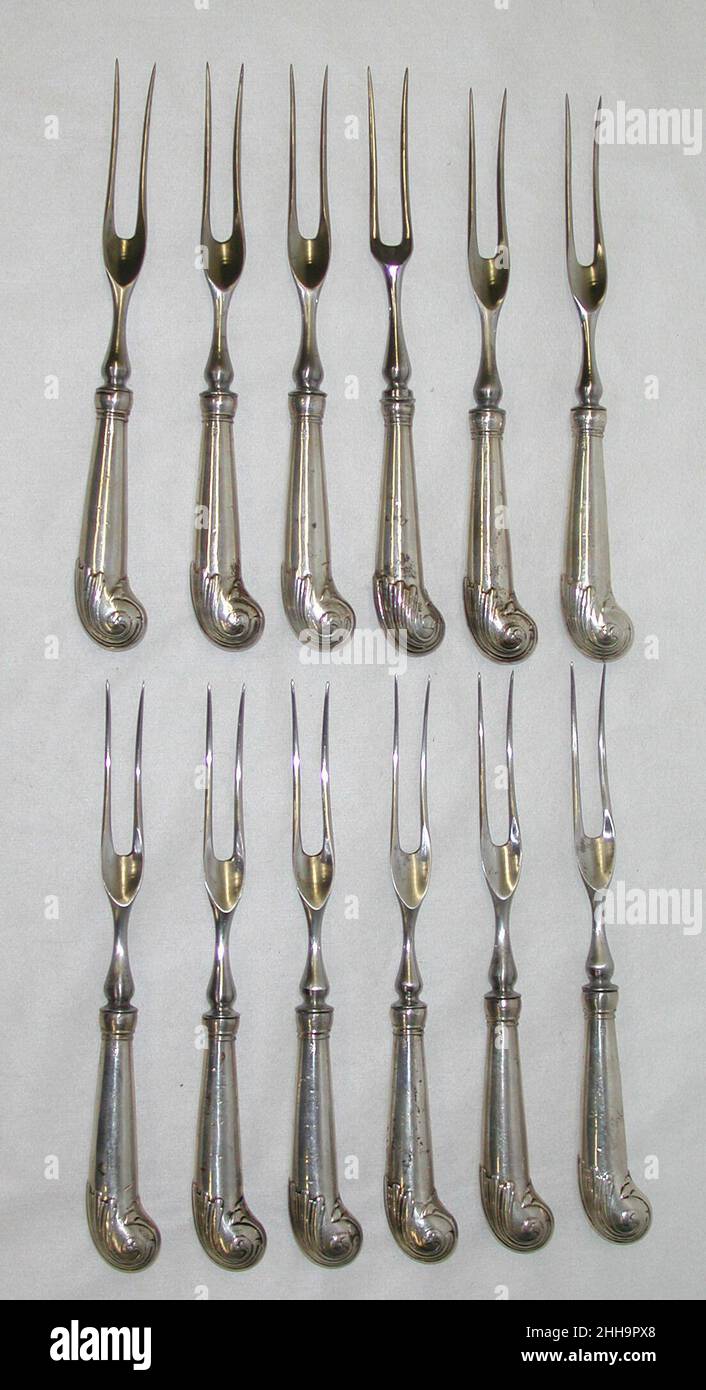Douze fourchettes fin du 18th siècle I. H., Sheffield.Douze fourches.Britannique, Sheffield. Fin du 18th siècle.Argent, acier.Métal-argent Banque D'Images