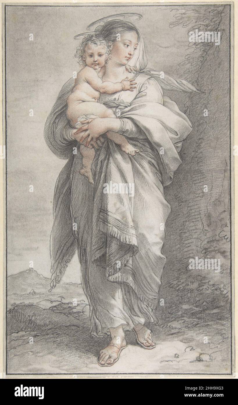 Vierge et enfant 1750–99 Giuseppe Cades Italien.Vierge et enfant.Giuseppe Cades (italien, Rome 1750–1799 Rome).1750–99.Craie noire et rouge, trébuchement partout.Mises en plan Banque D'Images