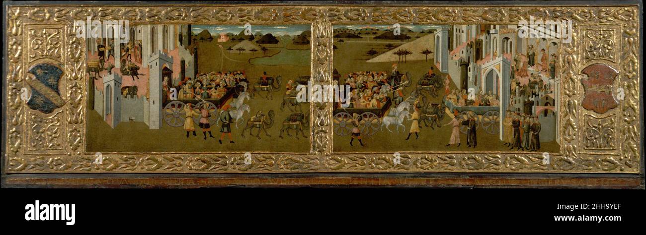 Roi Salomon et la reine de Shéba Maître de Lecceto Italien peint pour un mariage entre les familles sienes Insegni et Spannochi (identifiées par leurs armoiries), ce front d'une poitrine (cassone) montre la reine de Shéba au départ de Jérusalem et à la rencontre du roi Salomon dans son palais,Tel que raconté dans la Bible.Le style charmant et naïf de ce maître anonyme doit beaucoup au travail de Giovanni di Paolo, qui est bien représenté dans le met.Le roi Salomon et la reine de Sheba.Maître de Leccéto (italien, sienois, troisième quart du 15th siècle).Tempera sur bois, orna gaufré et doré Banque D'Images