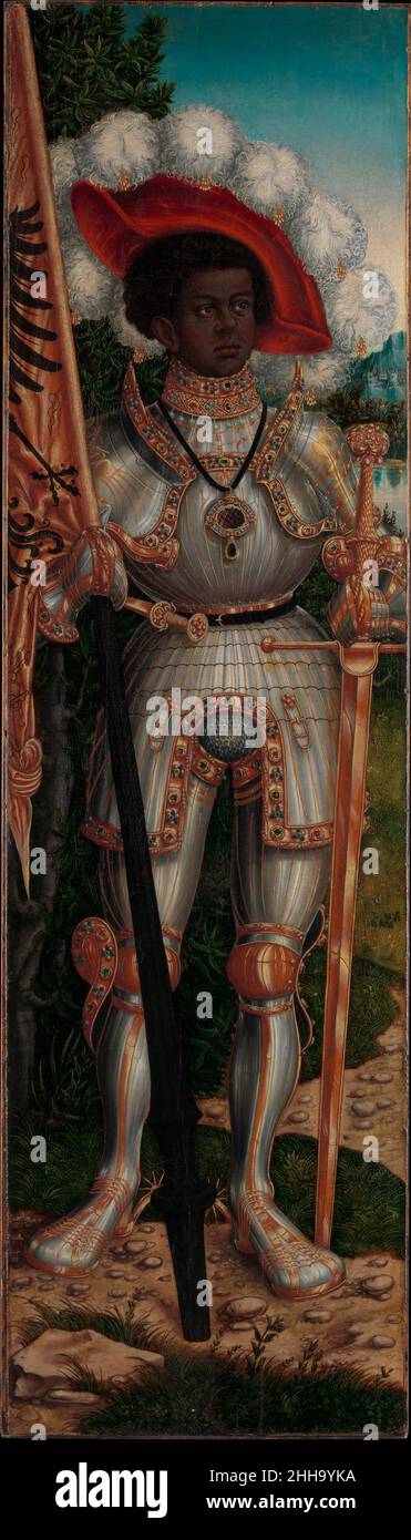 Saint Maurice ca.1520–25 Lucas Cranach l'aîné et l'atelier Allemand Commandant de la légion romaine, Maurice est martyrisé près d'Agaunum (en Suisse d'aujourd'hui) en 280 ou 300 pour avoir refusé d'abattre les chrétiens.Il était originaire d'Afrique du Nord, et au XIIIe siècle en Allemagne, il commença à être montré comme noir, influencé par le règne de l'empereur Friedrich II (1194-1250).Les vastes territoires de Friedrich comprenaient une communauté diversifiée d'individus, et sa cour en Sicile comprenait des conseillers noirs, des soldats et des musiciens.Cette représentation de Maurice n'est pas basée sur un véritable Africain Banque D'Images
