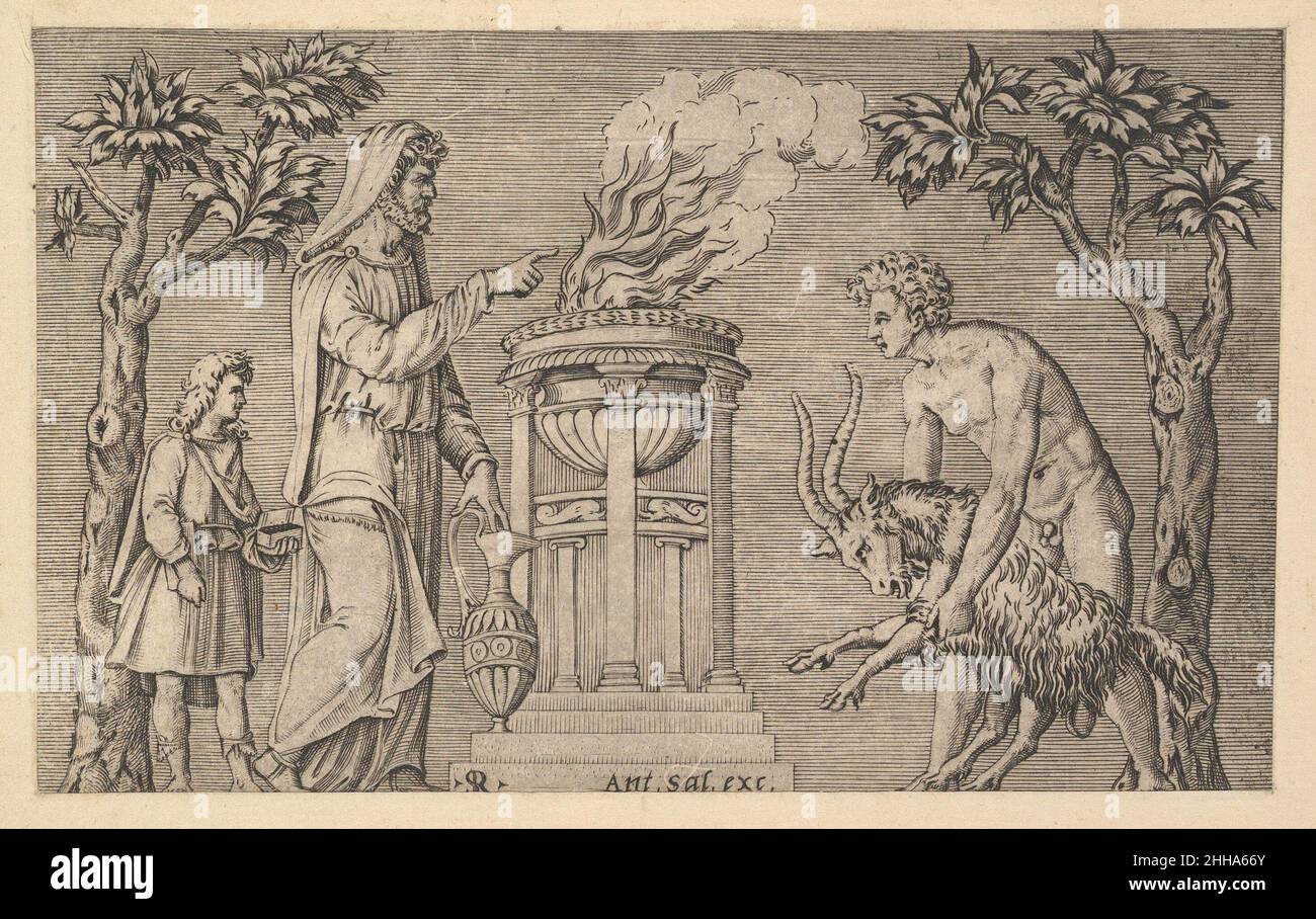 Spéculum Romanae Magnificatiae : le sacrifice d’une RAM 16th siècle Marco Dente Italien cet imprimé provient de la copie du musée du spéculum Romanae Magnificatiae (le miroir de la magnificence romaine) le spéculum a trouvé son origine dans les activités d’édition d’Antonio Salamanca et d’Antonio Ladreri.Au cours de leur carrière dans l'édition romaine, les deux éditeurs étrangers - qui ont travaillé ensemble entre 1553 et 1563 - ont lancé la production de tirages d'œuvres d'art, d'architecture et de vues de ville liées à Rome antique et moderne.Les tirages pourraient être achetés individuellement par les touristes et le collectionneur Banque D'Images