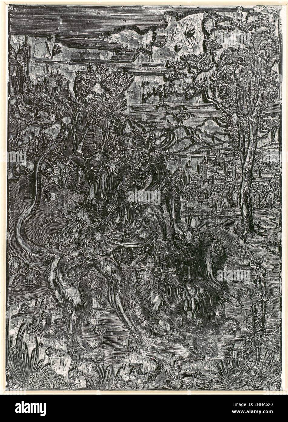 Bloc de bois pour Samson en rending le Lion ca.1497–98 Albrecht Dürer German Albrecht Dürer a créé des boiseries remarquables en imprimant des blocs comme celui-ci, typiquement sculptés à partir d'un bois de fruit, sur une feuille de papier.Que Dürer ait coupé ses propres blocs de bois ou dessiné la conception sur le bloc et commandé un coupe du bois hautement qualifié pour faire la sculpture réelle reste une question ouverte.La subtilité sans précédent avec laquelle l'image a été ciselée dans la surface a été utilisée comme preuve à la fois pour et contre la participation de Dürer.Les subtilités impliquées dans la définition des modèles de courbure et de taperi Banque D'Images