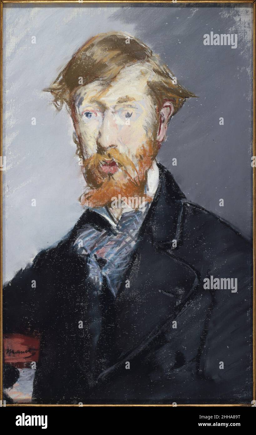 George Moore (1852–1933) 1879 Edouard Manet Français ce pastel, exécuté en une seule séance, représente le critique irlandais et romancier George Moore.Il l'a utilisé comme frontispice pour son livre Modern Painting (1893), en notant qu'en tant que "jeune homme frais et aux cheveux justes, le type le plus approprié à la palette de Manet, [l'artiste] lui a demandé à la fois de s'asseoir."Les critiques ont ridiculisé cette œuvre lorsqu'elle a été exposée en 1880, l'appelant 'le Noyé repoussé' (l'homme noyé a pêché hors de l'eau).Le portrait de Manet est le seul de Moore, l’un de ses toiles inachevées, George Moore au café Banque D'Images