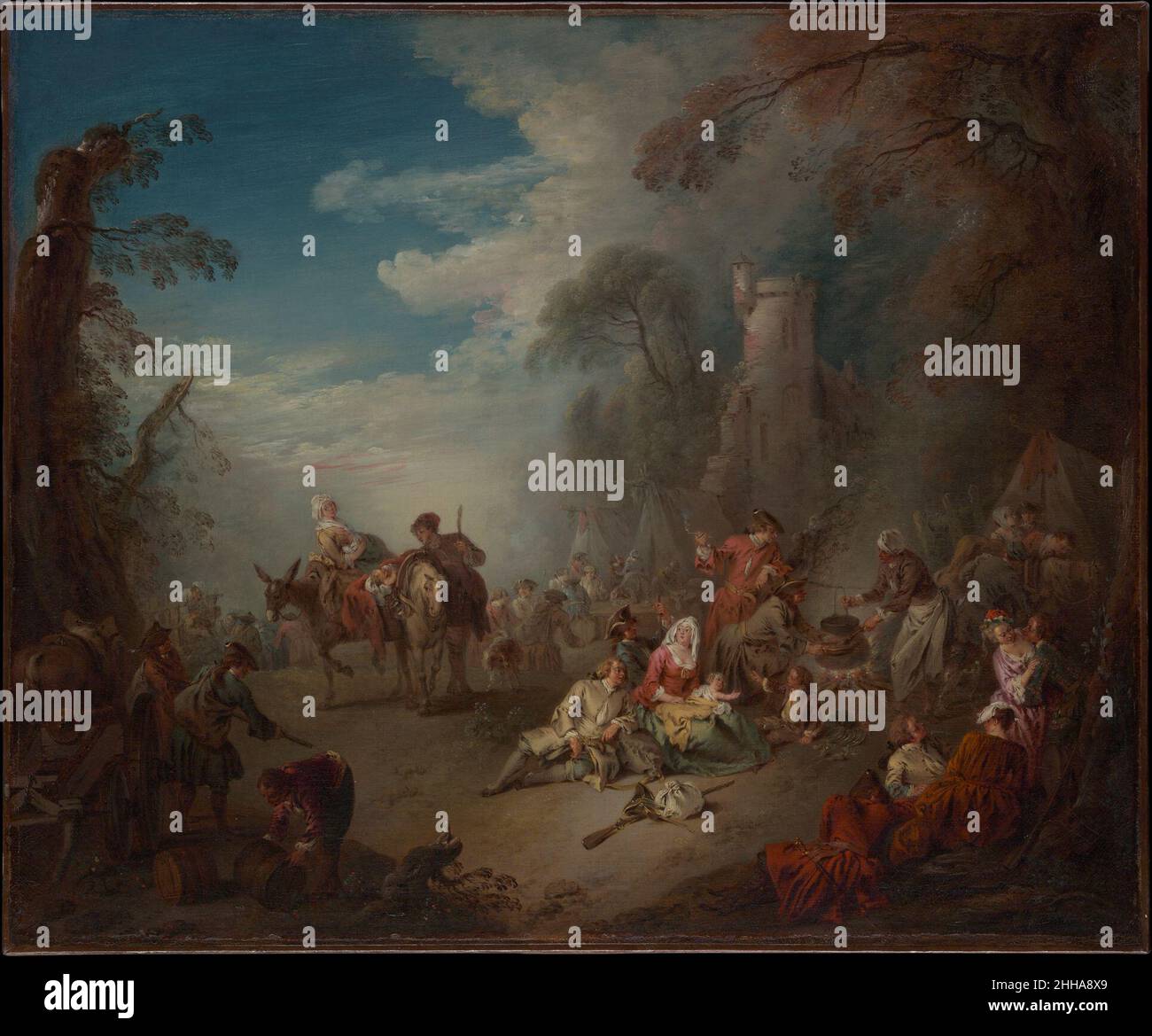 Troupes au repos ca.1725 Jean-Baptiste Joseph Pater French Pater peint des sujets mis au point par son professeur Watteau, y compris la tête galante et les troupes militaires que les deux artistes ont favorisés au début de leur carrière.La pièce de réception de Pater à l’Académie Royale en 1728 était la fabrication de errymaking des soldats.Comme Watteau, Pater connaissait probablement ces sujets de première main dans le sillage du succès militaire déclinant de Louis XIV.Plutôt que de dépeindre des combats triomphants ou héroïques, à la manière de peintres de combat, Pater s'est concentré sur les camps improvisés où les soldats dormaient, fumaient, buvaient et mangeaient en compagnie de wome Banque D'Images