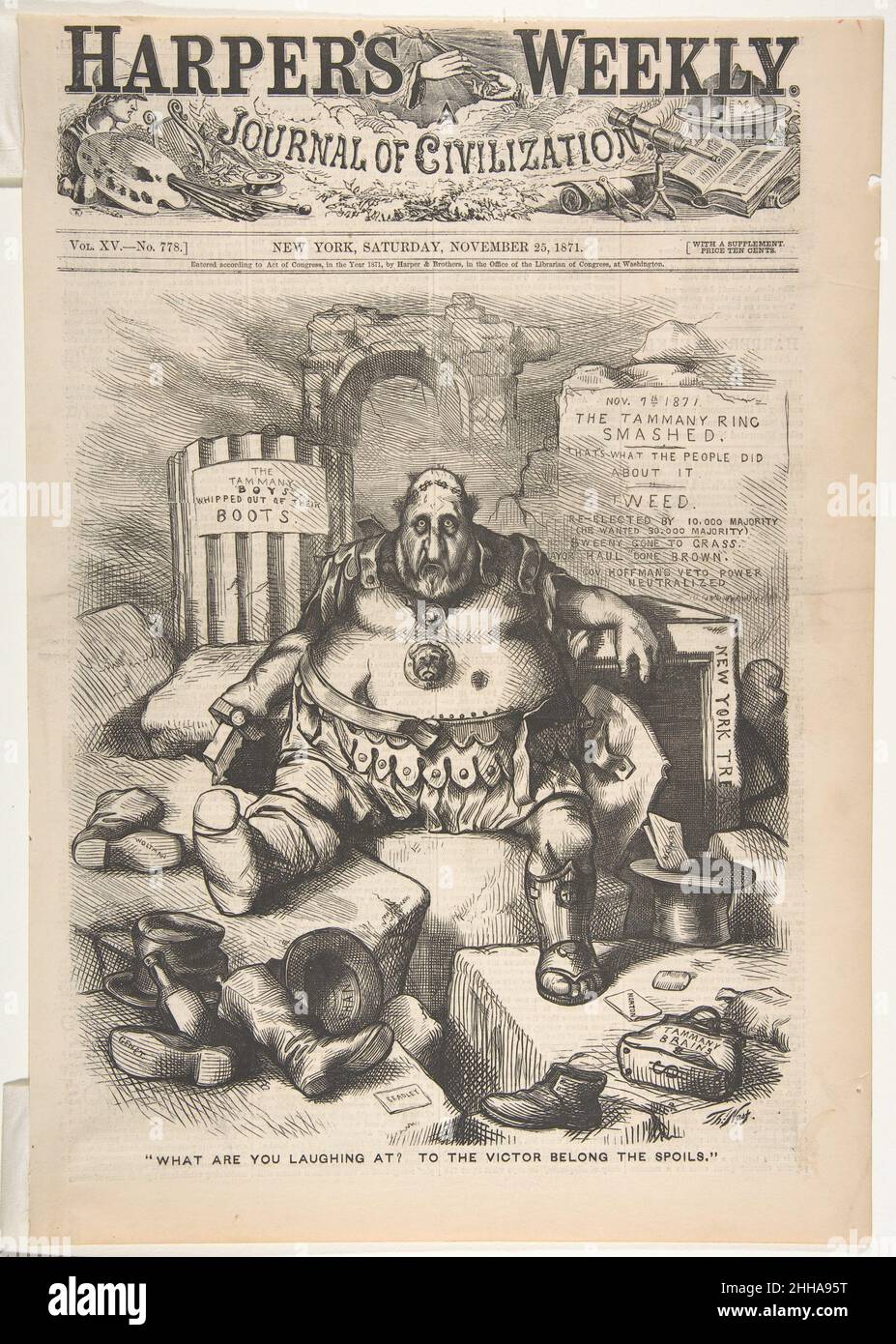 « Qu'est-ce que tu rires ?À la Victor, faites partie des butin », de « Harper's Weekly », le 25 novembre 1871 après que Thomas Nast American, né en Allemagne William M. « Boss » Tweed, un homme politique célèbre et corrompu de New York, apparaît ici comme un soldat romain vaincu.Les satires critiques de Tweed de Nast sont parues régulièrement dans l’hebdomadaire Harper et ont contribué à persuader les électeurs de New York de chasser les démocrates en novembre 1871.Cela a mis fin à la conduite corrompue de Tweed à Tammany Hall, une machine politique qui a détourné des centaines de millions de dollars sur trois ans et a soudoyé les critiques au silence.Nast compare le tweed t défait Banque D'Images