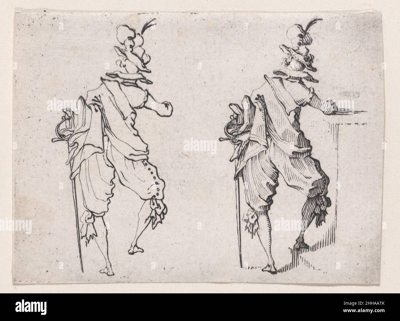 L'Homme vue de dos avec une Grande Epée (Homme vu de derrière avec une grande épée), de la série les Caprices A, l'ensemble Florence 1617 Jacques Callot Français.L'Homme vue de dos avec une Grande Epée (Homme vu de derrière avec une grande épée), de la série a des Caprices, le set Florence.Série les Caprices A. Jacques Callot (français, Nancy 1592–1635 Nancy).1617. Décapage.Imprime Banque D'Images