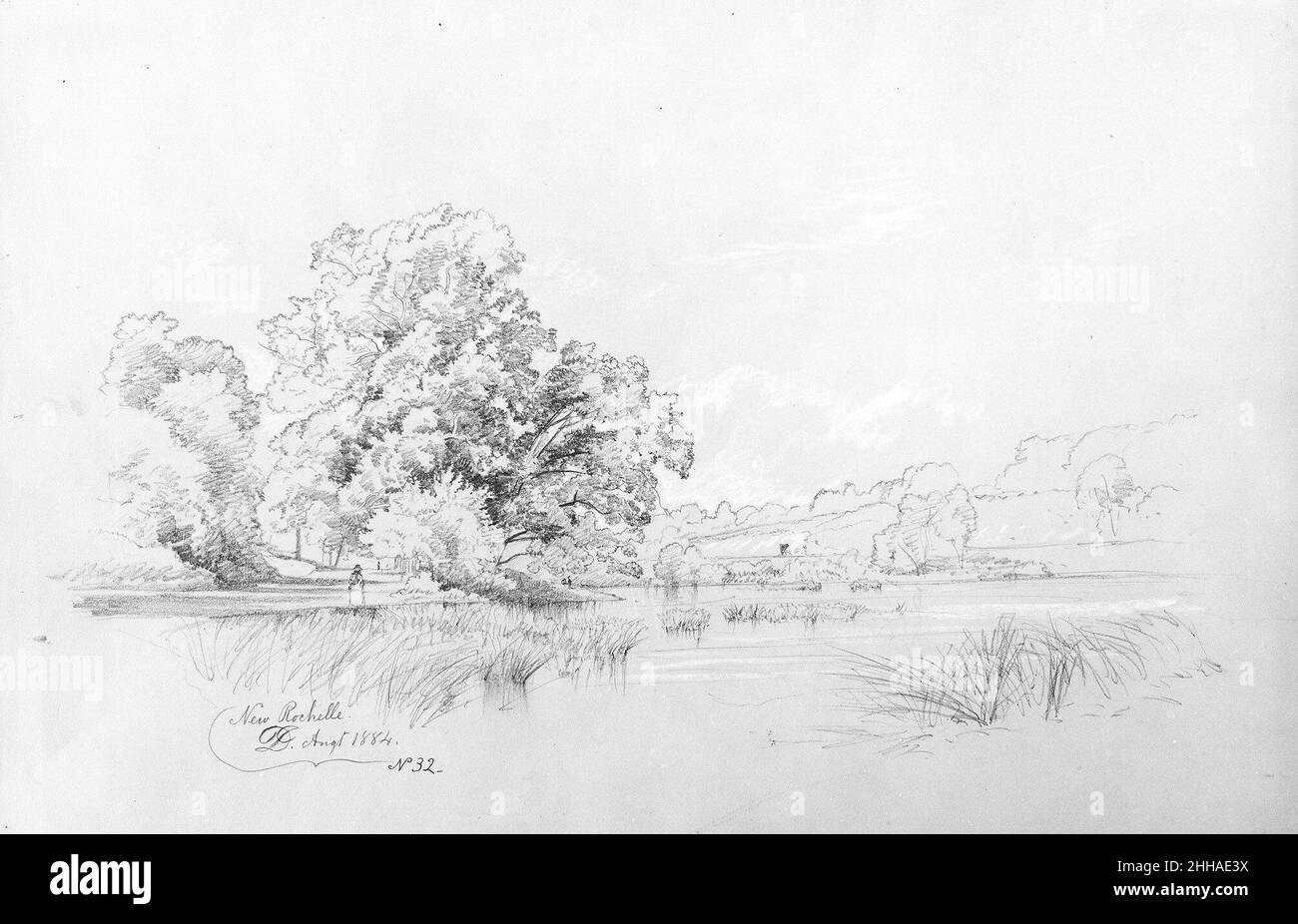 Landscape and Lagoon, New Rochelle 1884 David Johnson la topographie souvent sublime et expansive caractéristique du travail de Johnson en tant que peintre de l'école de Hudson River a été remplacée à la fin de sa carrière par des compositions de terrain plat, souvent, comme dans ce dessin,dominé par quelques grands arbres bordant un plan d'eau au premier plan et admettant seulement un aperçu d'une perspective lointaine de chaque côté.Ce dessin était sans aucun doute le modèle de la peinture du Musée « Bayside, New Rochelle, New York » (15.30.65).Le site est caractéristique de ceux que Johnson--suivant le goût français de Barbizon--préféré comme Banque D'Images