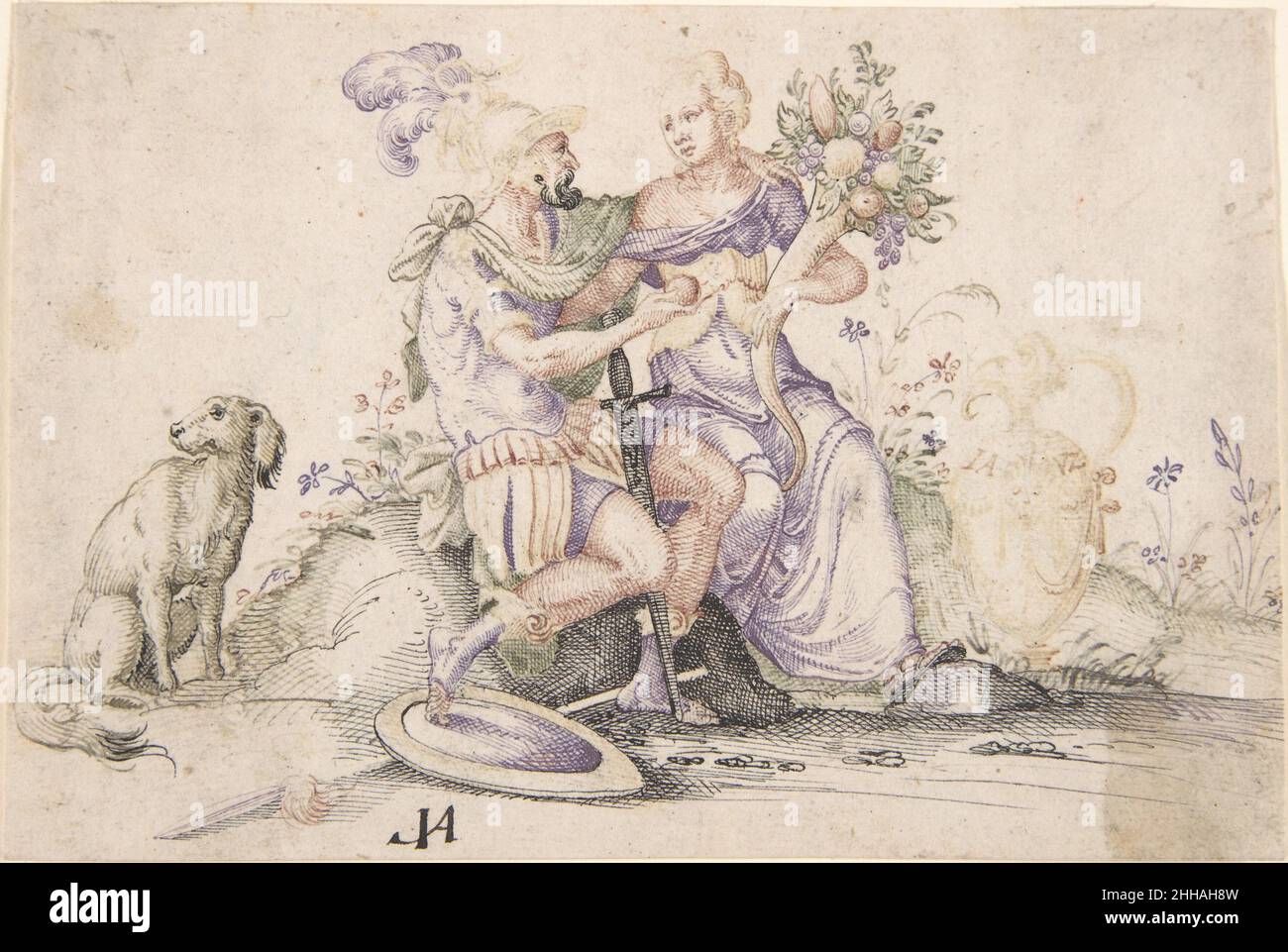 Mars et Pomona 1539–91 Jost Amman Swiss.Mars et Pomona 380381 artiste: Jost Amman, Suisse, Zurich avant le 1539?1591 Nuremberg, Mars et Pomona, 1539?91, stylo et noir, marron,encre verte, rouge, violette et grise, feuille : 4 1/8 x 6 1/8 po.(10,5 x 15,6 cm).Metropolitan Museum of Art, New York.Achat, cadeau Jean A. Bonna, 2007 (2007.223.8) Banque D'Images