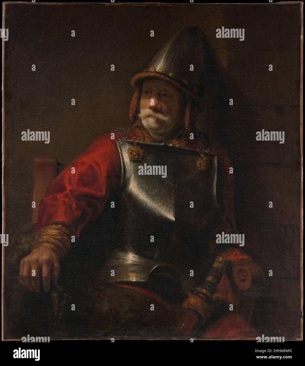 Homme en armure (Mars?)Style de Rembrandt Dutch cette peinture, acquise par Aert de Gelder, a été attribuée pendant des décennies soit au cousin de Rembrandt Karel van der Pluym (1625–1672), soit à Heyman Dullaert (1636–1684), poète et peintre de Rotterdam qui fut l'élève de Rembrandt au début de 1650s.Le lien avec Dullaert est encouragé par la référence d'Arnold Houbraken (1721) à une toile de Dullaert, le Dieu de la guerre Mars dans un Cuirass réfléchissant, qui a été vendu comme Rembrandt à Amsterdam.Cependant, le sujet était assez commun (par exemple, le célèbre Homme dans le Helmet d'Or à Berlin, maintenant attribué à Banque D'Images