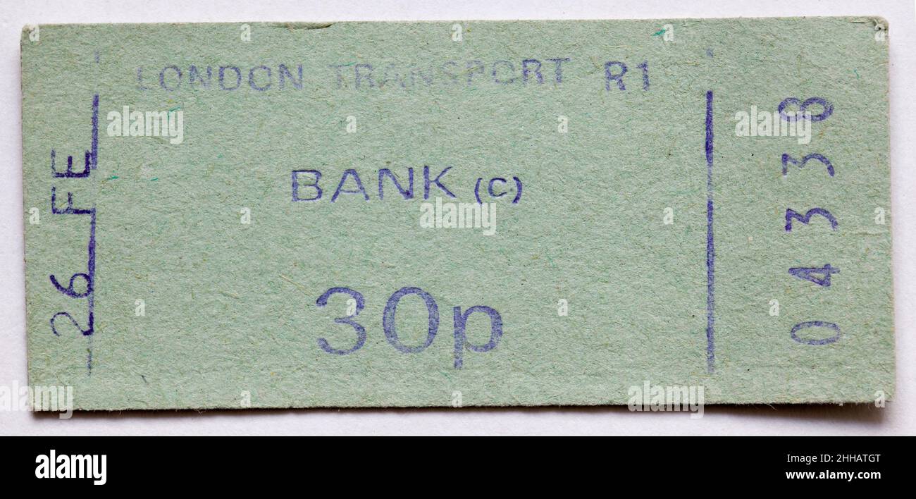 Vintage 1970s London Underground Railway Ticket - Bank Banque D'Images