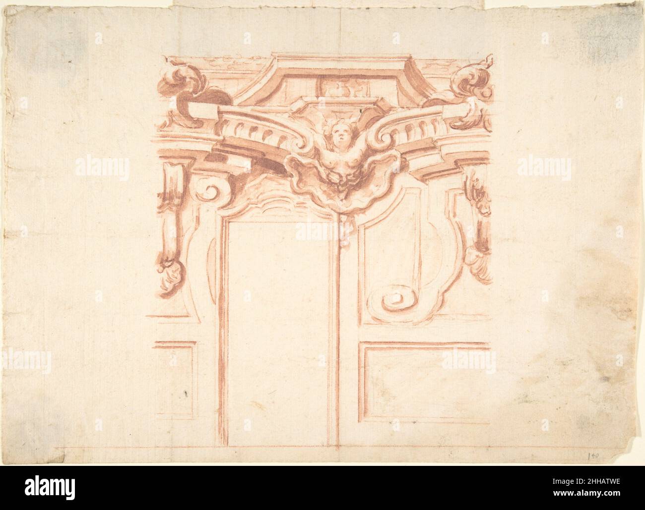 Conception pour le schéma de décoration d'un mur ca.1700–1740 Anonymous, Italien, piémontais, 18th Century Italian Design pour la décoration d'un mur, avec une porte.La décoration est composée d'éléments architecturaux qui pourraient être exécutés en relief ou en trompe l'œil.Les consoles, les volutes et les cartouts qui composent le schéma sont exécutés dans un style baroque tardif, suggérant une datation dans la première moitié du XVIIIe siècle.Conception pour le schéma de décoration d'un mur 365690 Banque D'Images