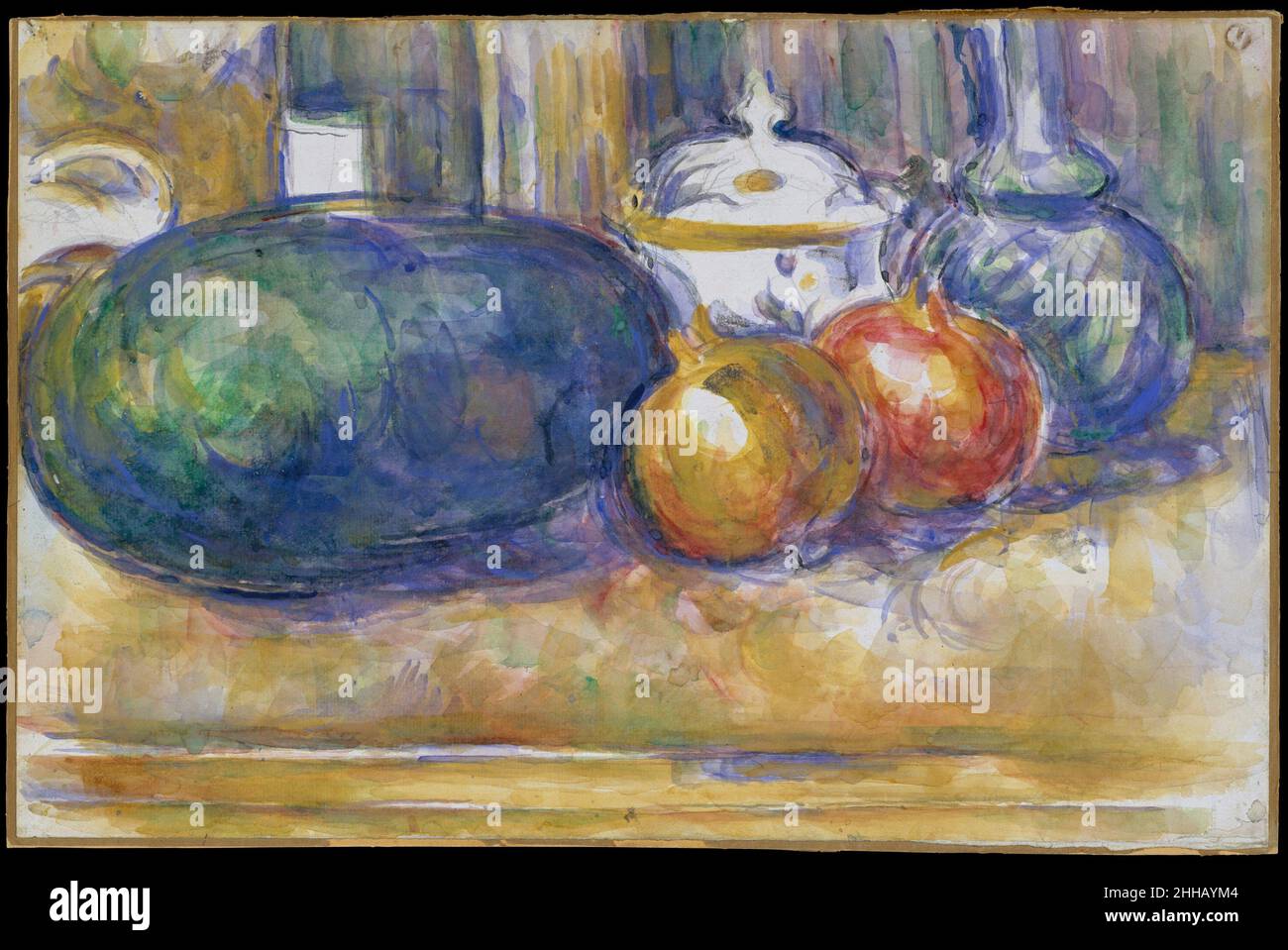 Encore-vie avec une pastèque et des grenades 1900–1906 Paul Cézanne Français de la vingtaine d'aquarelles encore vie Cézanne produit au cours de ses dernières années, ce travail est parmi les plus pleinement réalisé.Avec des traits fluides de couleur saturée, l'artiste attire l'attention sur ses compétences d'observation—son attention aux réflexions entre les objets est rarement aussi apparente—et de création.Les objets arrondis regroupés, y compris une pastèque huppée, deux grenades, un vase ou une carafe en verre bulbeux, et un bol à sucre conjré du blanc réservé du papier, ont tous deux une qual volumétrique Banque D'Images