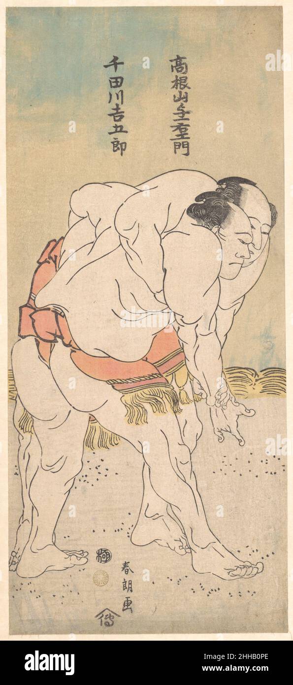 Les Sumo Wrestlers Takaneyama Yoichiemon et Sendagawa Kichigorō ca.1790–93 Katsushika Hokusai le japonais Hokusai a occasionnellement traité le monde sumo dans ses imprimés.Il est revenu brièvement au sujet au début de 1790s après une absence de dix ans.Ici, les lutteurs sumo Wadagahara Jinshirō à droite et Kachōzan Gorōkichi à gauche sont enfermés pendant un combat.Elles sont représentées avec des lignes plus fines et plus raffinées que dans les premières impressions sumo de l'artiste.La signature Shunrō ga ('peint par Shunrō') est celle qu'il a utilisée pendant une période avant de choisir son nom le plus familier, Hokusai.Le Sumo Banque D'Images