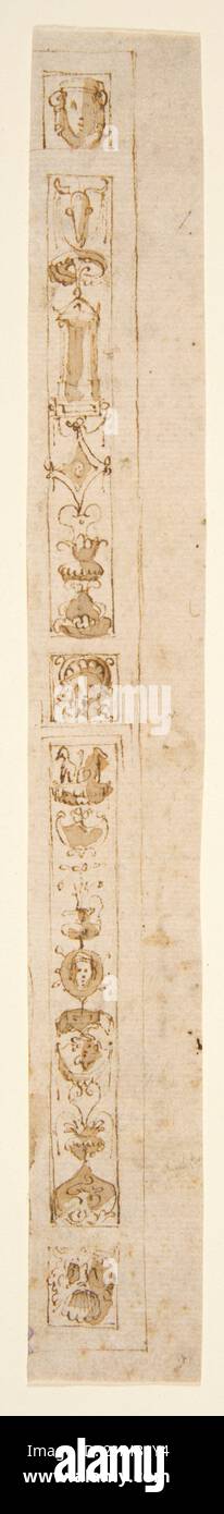 Design pour un pilaster avec deux grottes de Candelabra et trois masques ca.1540–60 Giuseppe Salviati (Giuseppe Porta, appelé il Salviati) Italien.Design pour un pilaster avec deux grottes de Candelabra et trois masques 386356 Banque D'Images