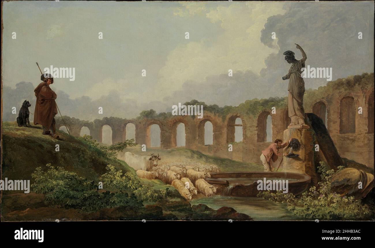 Aqueduc dans les ruines Hubert Robert Français presque toutes les peintures de l'Hôtel Rouillé de l'Étang comportent apparemment un trait d'eau, dans ce cas un bassin débordant dans un ruisseau fordé par un troupeau de moutons.À gauche se trouve un berger avec son chien, et à droite, un garçon qui lave son chapeau à la fontaine.L'aqueduc courbe occupe la distance moyenne.Aqueduc dans les ruines 437471 Banque D'Images