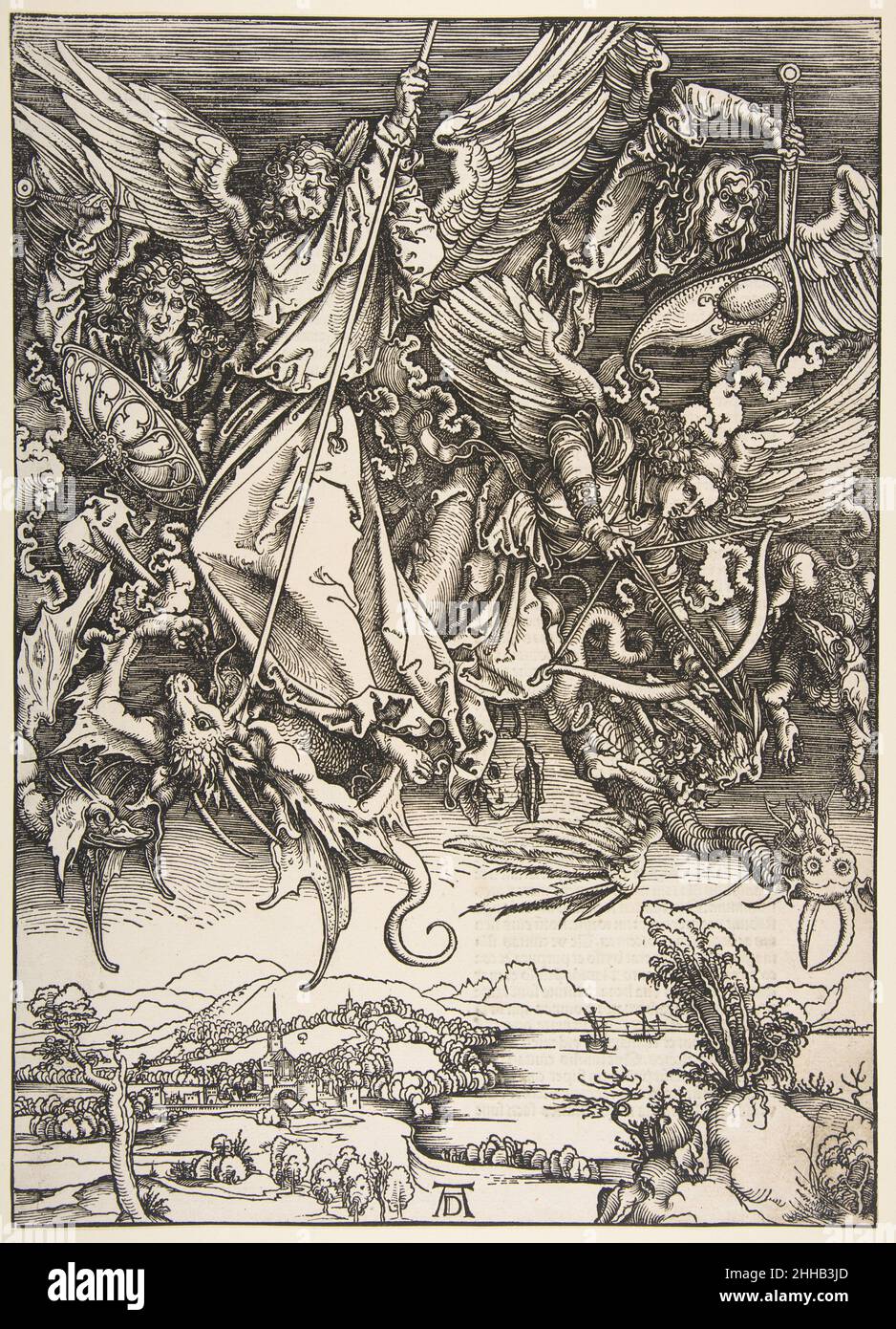 Saint Michel combattant le Dragon, de l'Apocalypse 1498 après Albrecht Dürer Allemand avec la série Apocalypse, Dürer a élevé le milieu de la coupe de bois au niveau de sophistication que la gravure avait atteint près de trois décennies plus tôt.Dans cette magnifique coupe de bois, Dürer a utilisé des lignes de gonflement et de tapering pour moduler les zones de lumière et d'obscurité et pour créer un sens de l'espace.Au-dessus d'un paysage montagneux, le christianisme triomphe du mal alors que Saint Michael et ses anges se sont fait la guerre dans le ciel contre le dragon à sept têtes.Saint Michael Fighting the Dragon, de l'Apocalypse 360117 Banque D'Images