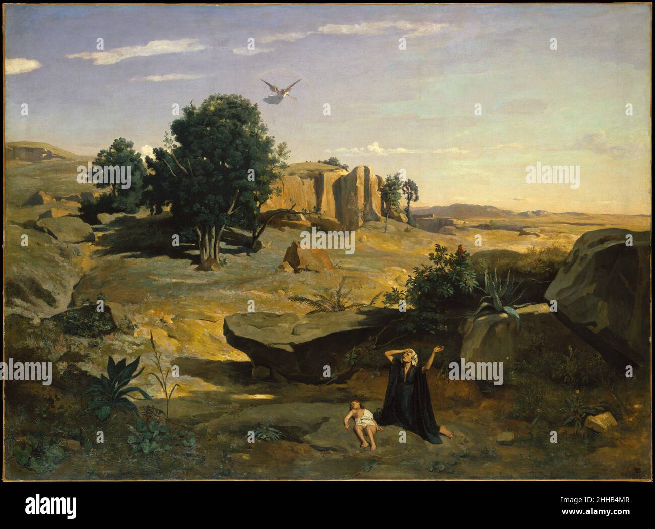 Hagar in the Wilderness 1835 Camille Corot French cette photo, présentée au salon de 1835, est la première de quatre grandes peintures bibliques ambitieuses que Corot a exposées en 1830s et 1840s.Tout comme l’incendie de Sodome du Musée, il illustre l’histoire de la famille d’Abraham.Parce que sa femme, Sarah, était âgée et stérile, Abraham a fait un fils, Ismaël, avec leur serviteur, Hagar.Plus tard, quand Sarah enfanta son propre fils, Isaac, Hagar et Ismael furent chassés dans le désert de Beersheba.Pour cette peinture, Corot a choisi le moment de leur salut divin.Le paysage largement aride Banque D'Images