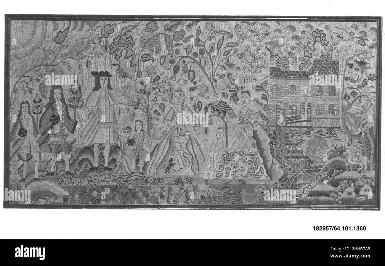 Image brodée avec une famille dans un jardin du premier quart 18th siècle britannique.Image brodée avec une famille dans un jardin 229057 Banque D'Images