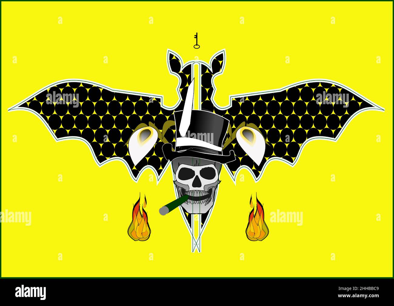 Sugar Skulls Haiti Witch Doctor, Baron Samedi, Skull, Top Hat & Cigar, la Nouvelle-Orléans, MardiGras, Lily's, Flames,A Bat & Yellow BKG (livres, étiquettes, etc.) Illustration de Vecteur