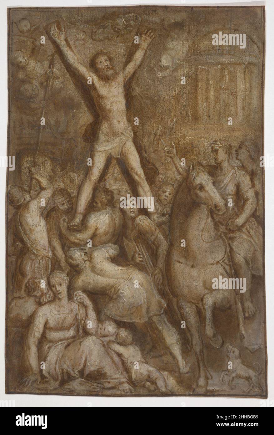 Le martyre de Saint Andrew ca.1595 Otto van Veen Netherlandish ce croquis d'huile sur papier est le premier travail préparatoire survivant pour la peinture d'Otto van Veen pour le haut autel de l'église Saint Andrew d'Anvers, toujours in situ.La crucifixion de l'apôtre Andrew, ordonnée par le proconsul Aegus, est représentée à cheval à droite.Assis à gauche se trouve son épouse Maximilla, qui avait été guérie par Andrew et l'enterrait après qu'il ait expiré sur la croix caractéristique en forme de X.Le retable de Van Veen, qui comprend également trois tableaux predella, a été mis en service en 1593 et a terminé i Banque D'Images