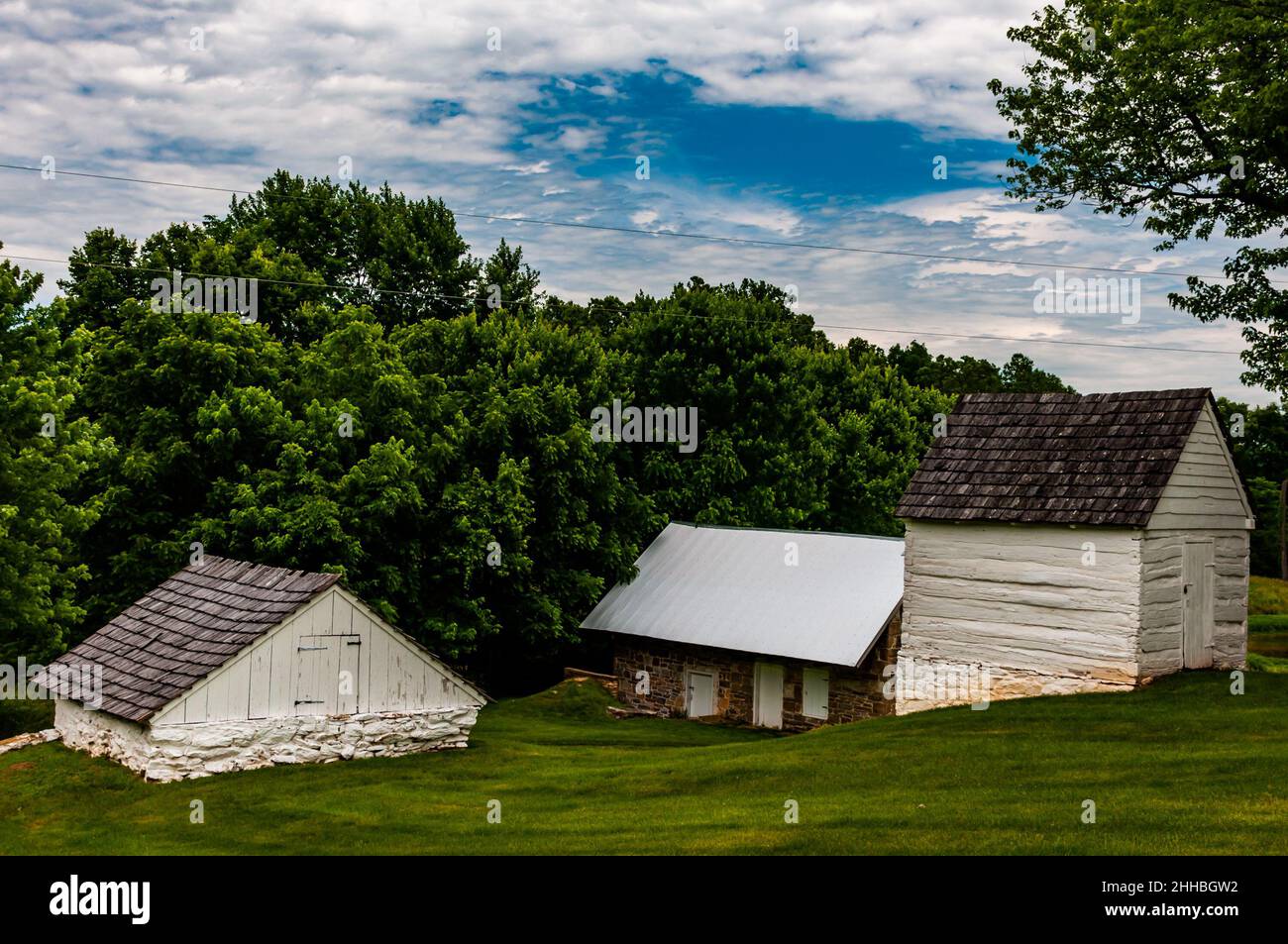 Photo des bâtiments de ferme du champ de bataille national d'Antietam le long de la piste Three Farms, champ de bataille national d'Antietam, Maryland, États-Unis Banque D'Images