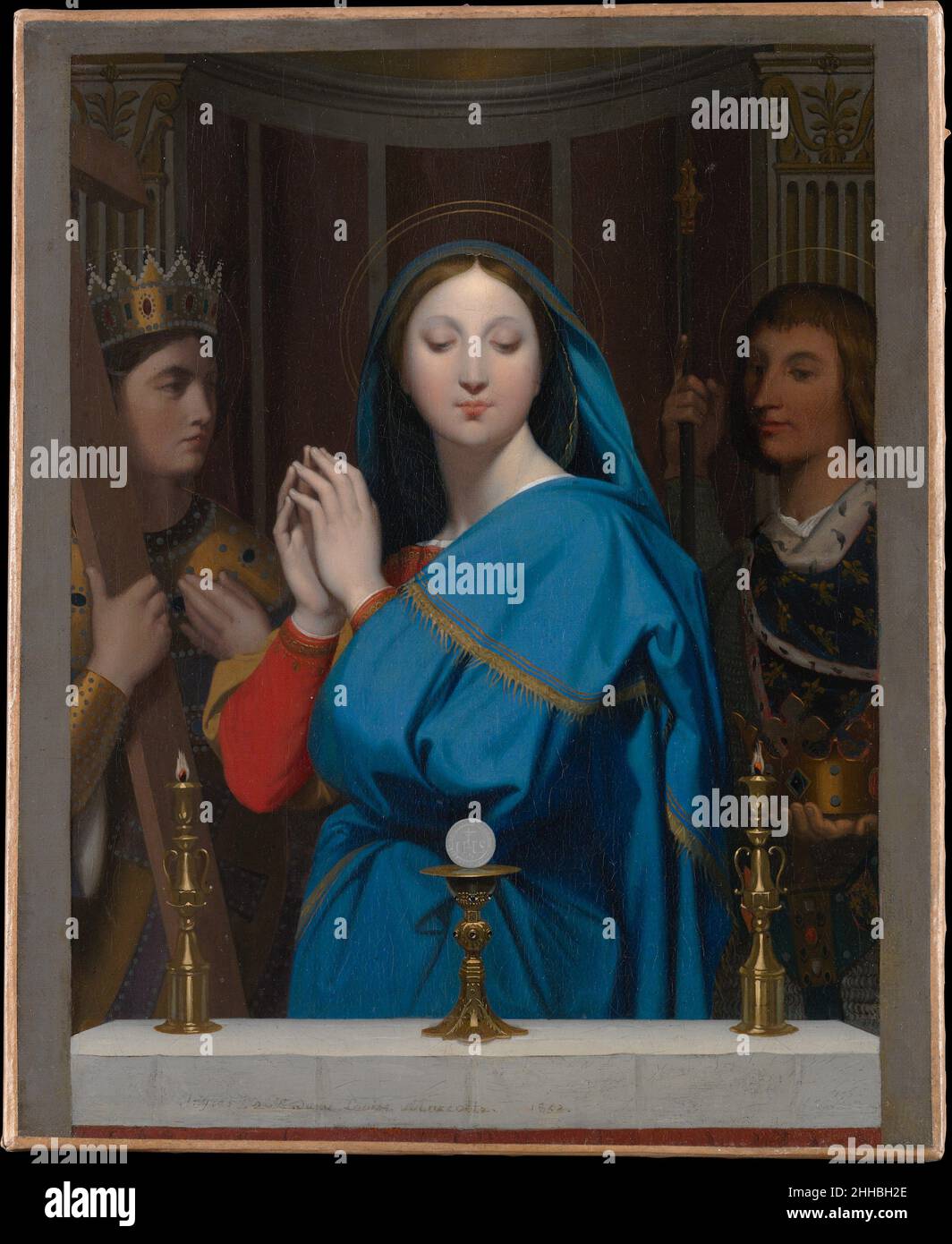 La Vierge adorant l’hôte 1852 Jean Auguste Dominique Ingres Français ce petit tableau de dévotion, semblable à un bijou, a été fait comme cadeau pour l’amie d’Ingres Louise Marcotte, qui a présenté l’artiste à Delphine Ramel, qu’il a épousée en 1852.La composition Raphaël est basée sur un Ingres peint pour la première fois en 1841 pour le futur tsar Alexandre II, qui comprend les deux saints patrons de Russie, Alexandre Nevsky et Nicholas (Musée Pouchkine des Beaux-Arts, Moscou).Pour cette version, Ingres a remplacé les saints russes par deux saints français.Il allait ensuite peindre quatre autres variantes, ainsi qu'en 18 Banque D'Images