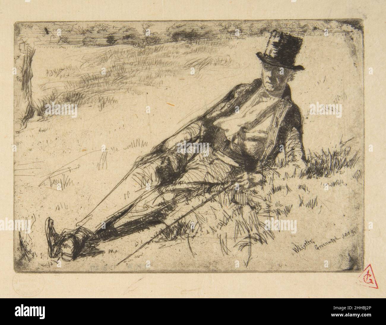 Greenwich Pensioner 1859 James McNeill Whistler American Whistler a étudié la gravure à Londres sous la tutelle de son beau-frère, Sir Francis Seymour Haden, et en 1859, ils ont visité Greenwich Park ensemble, chacun faisant un imprimé représentant un résident de l'hôpital Royal pour les marins, un pensionnat pour les anciens marins.La ligne vive et l'ombrage soigneux illustrent le scintillement de la lumière du soleil sur le maillot, le chapeau et les jambes froissées du pantalon du retraité.En se concentrant sur la figure, Whistler élimine le paysage environnant souligné par Haden dans Sub Tegmine (Benath the Canopy, 17,3.276).Printmakers Banque D'Images